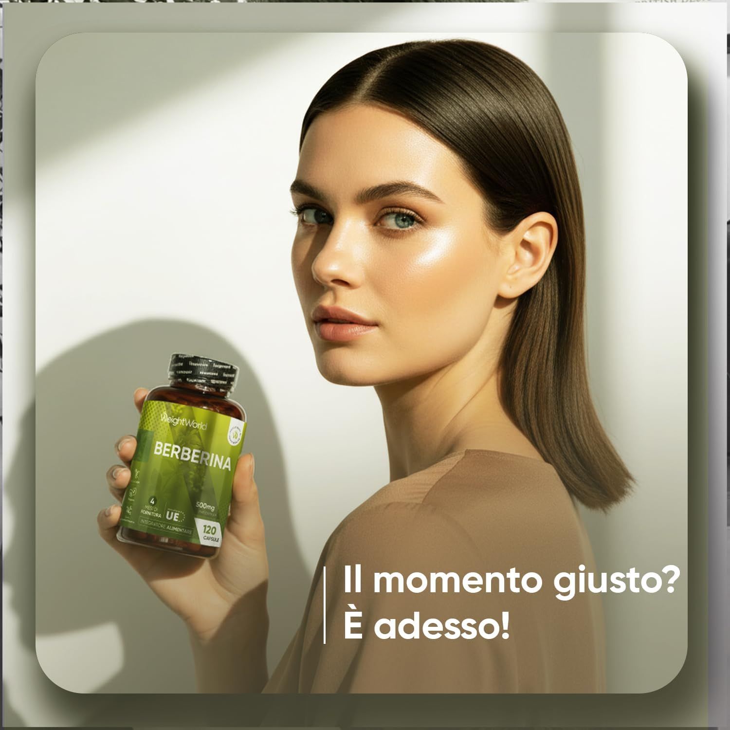 Immagine del prodotto capsule di berberina in bottiglia. Contiene informazioni su ingredienti e caratteristiche.