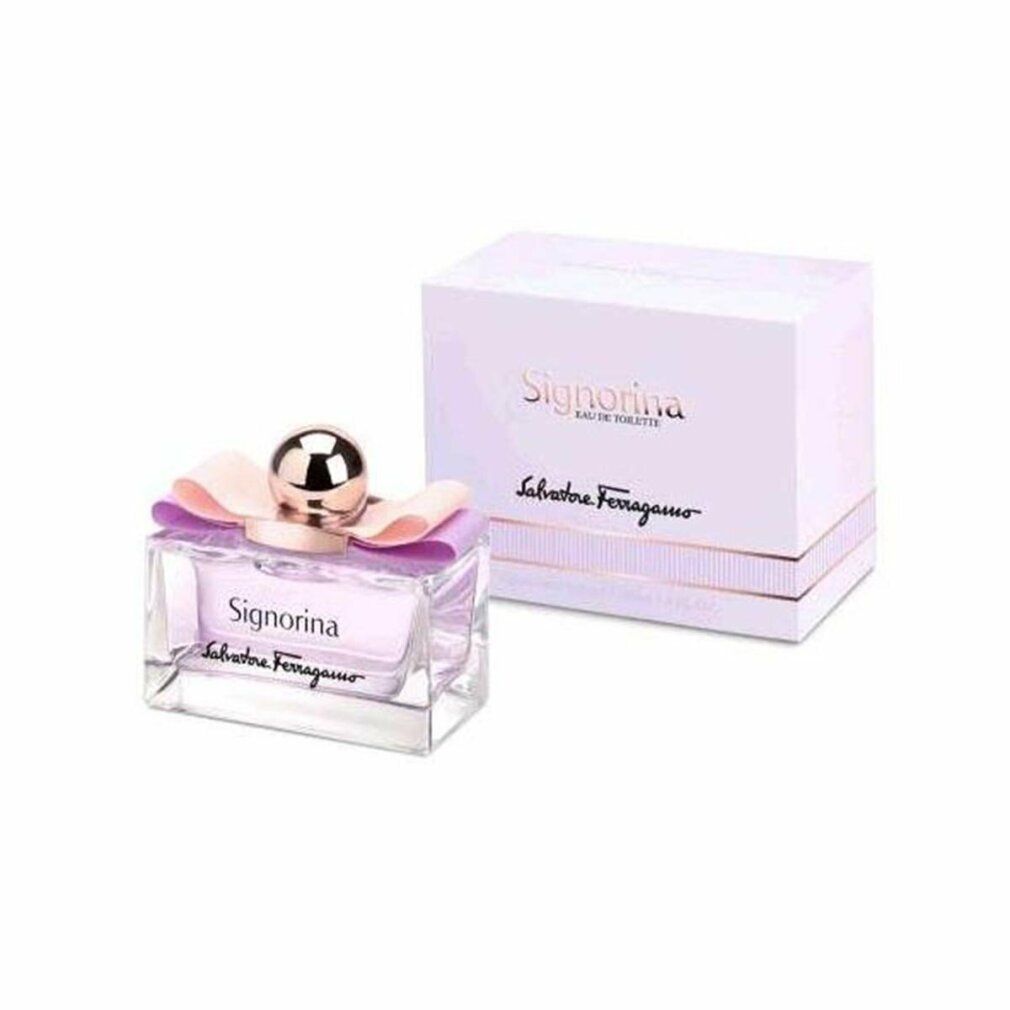 Flacone Signorina Eau de Toilette con confezione. Liquido rosa, tappo dorato, fiocco. Marchio e nome visibili.