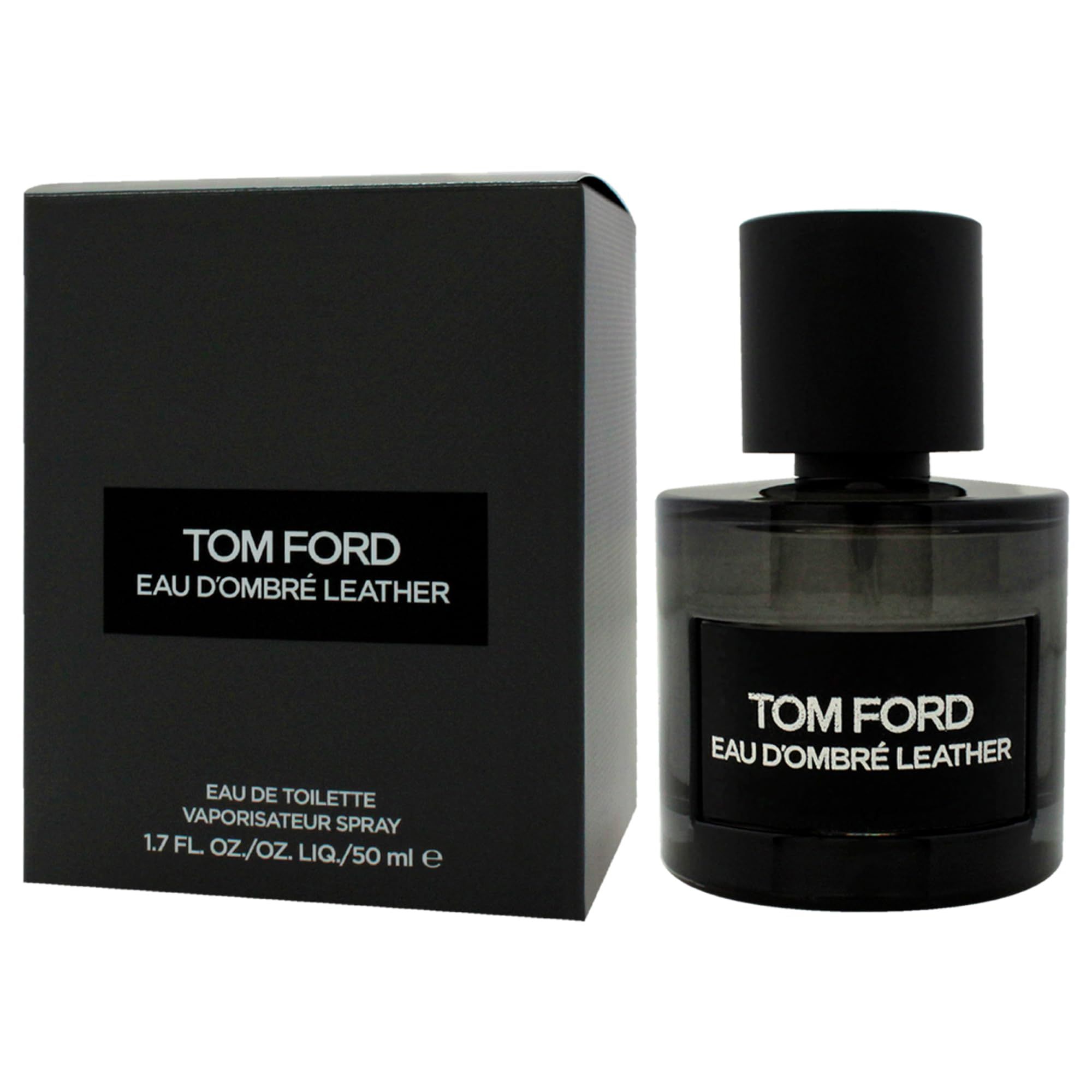 Flacone e confezione Tom Ford Eau D'Ombré Leather. Flacone nero con tappo nero ed etichetta. Confezione nera.