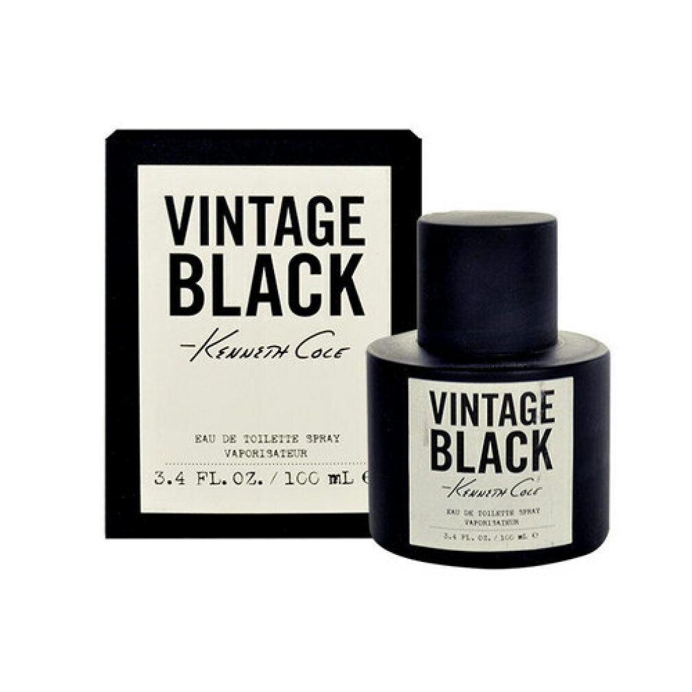 Flacone e scatola neri. Scritta: VINTAGE BLACK -Kenneth Cole-. Eau de Toilette Spray. 3.4 FL. OZ. / 100 ml. Flacone e scatola affiancati.