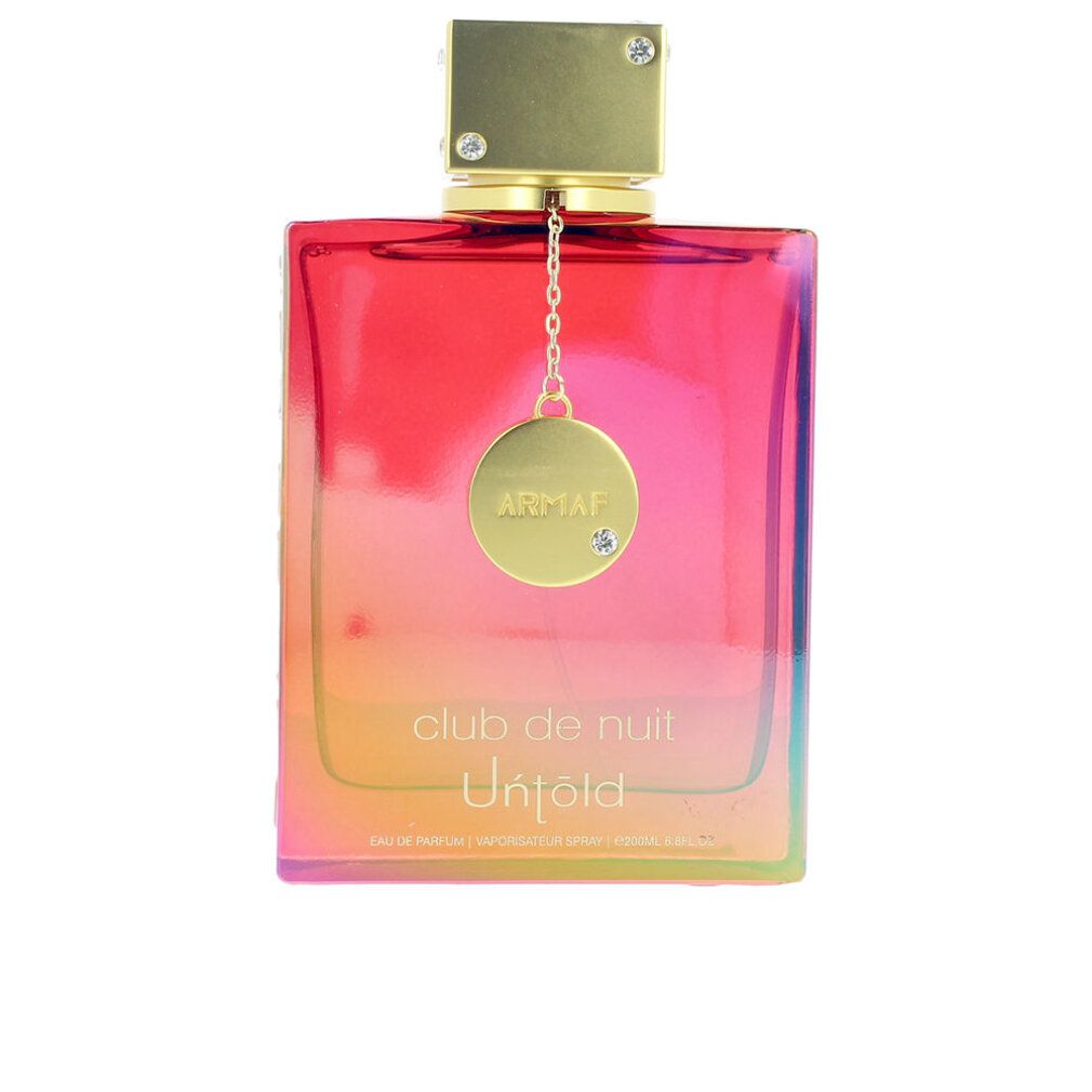 Flacone con tappo e pendente dorati. Scritta: Club de Nuit Untold. Sfumatura da rosso a giallo.