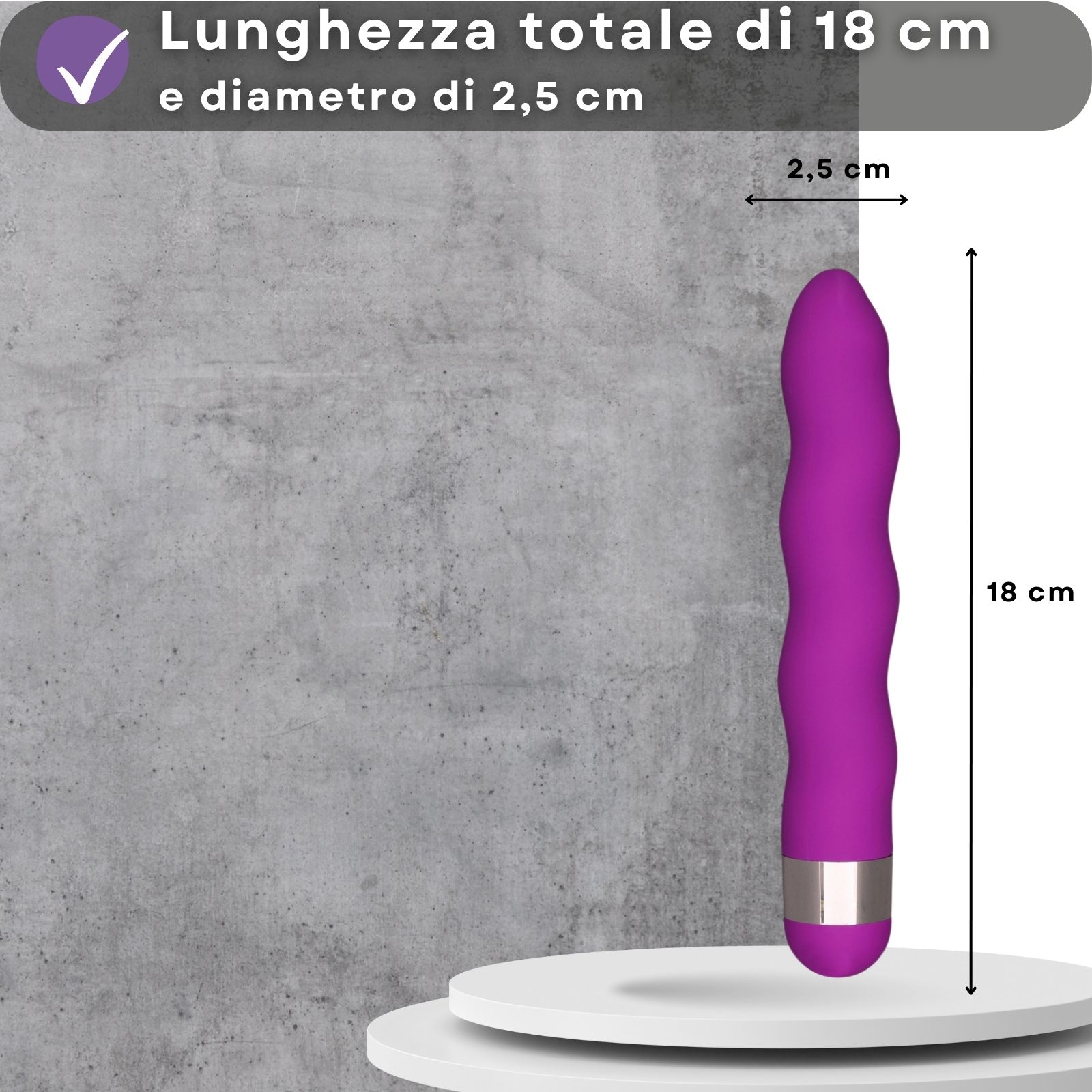 Vibratore viola ondulato. Dimensioni: 18 cm lungo, 2,5 cm diametro. Su piedistallo.