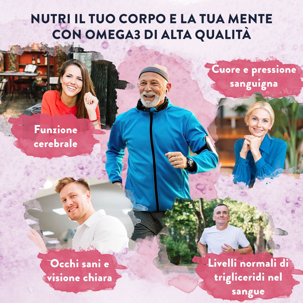 Persone in diverse situazioni. Testo: Nutri il tuo corpo e la tua mente con omega-3 di alta qualità. Benefici.