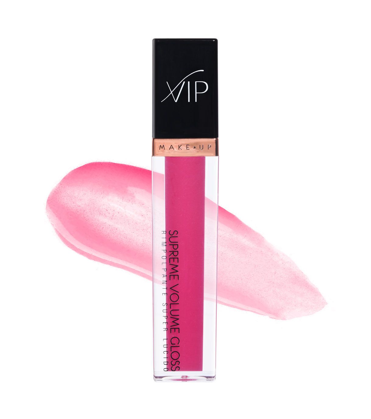 Un contenitore trasparente con gloss labbra rosa e applicatore. Il tappo è nero con il logo "VIP MAKE-UP".