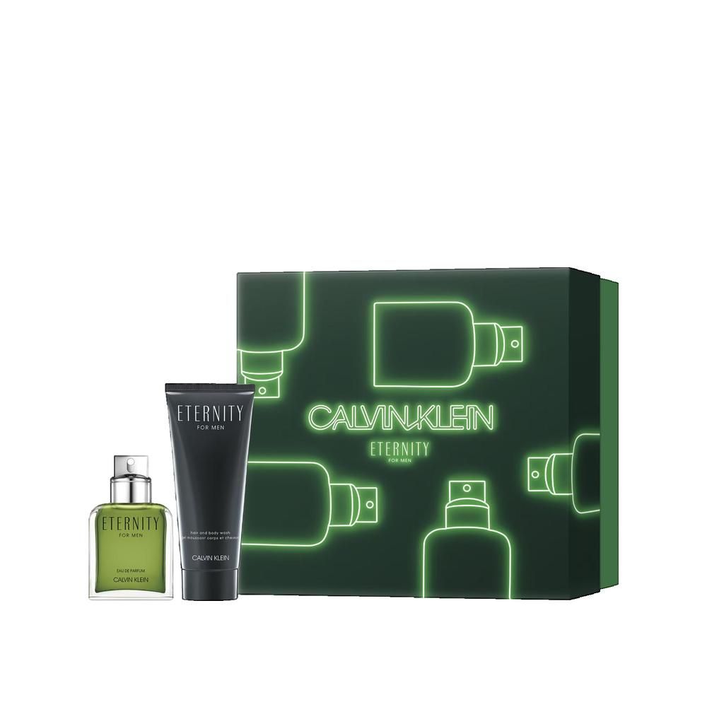 Set regalo Calvin Klein Eternity. Contiene flacone, tubo e confezione verde con contorni di flaconi. Scritta Calvin Klein.