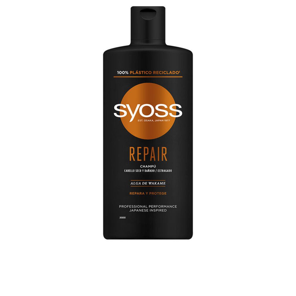 Flacone di shampoo nero con logo SYOSS e scritta "REPAIR". Testo "ALGA DE WAKAME" e "REPARA Y PROTEGE".