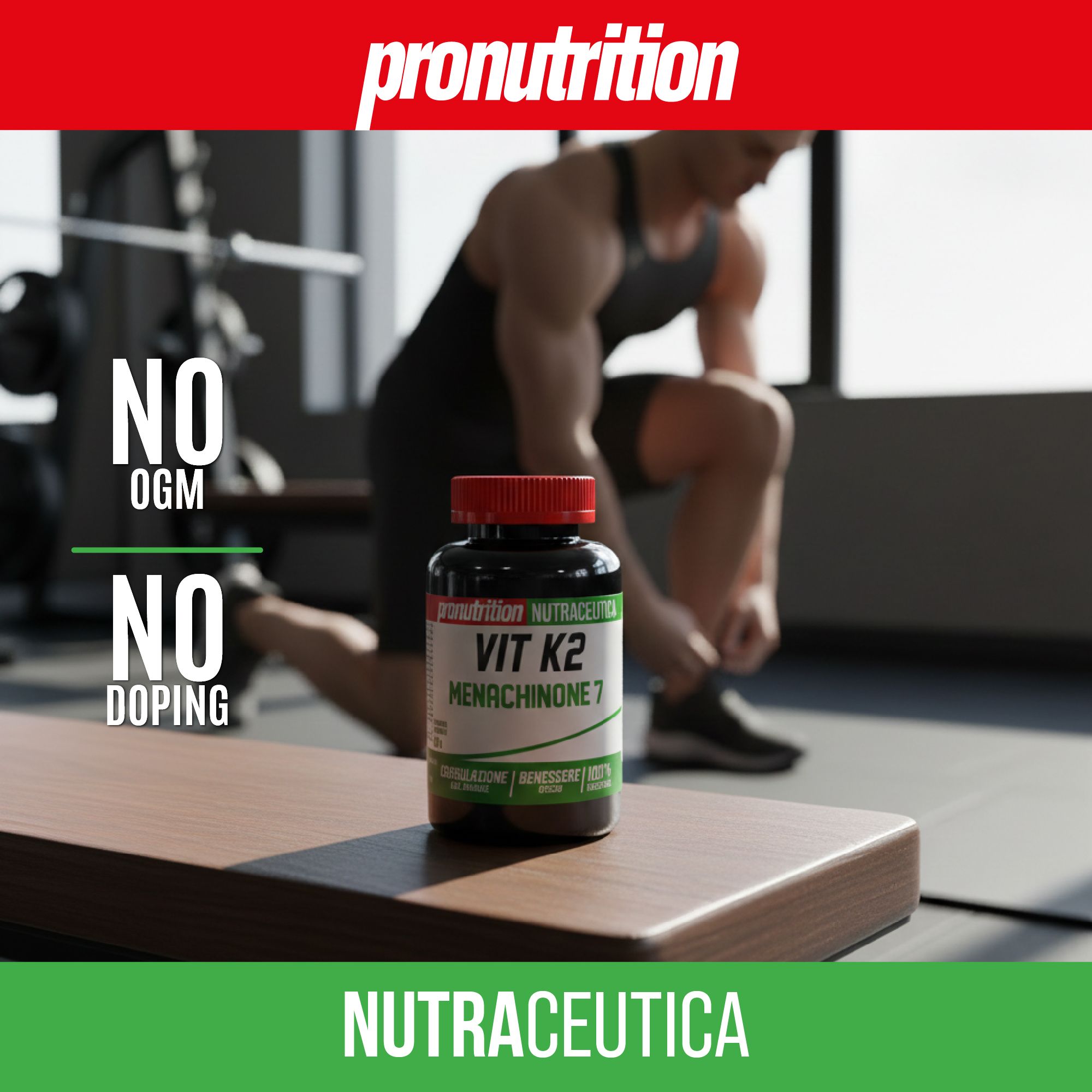 Flacone nero con tappo rosso. Scritta Vit K2 Menachinone 7. Uomo che allaccia le scarpe. Testo: NO OGM, NO DOPING.