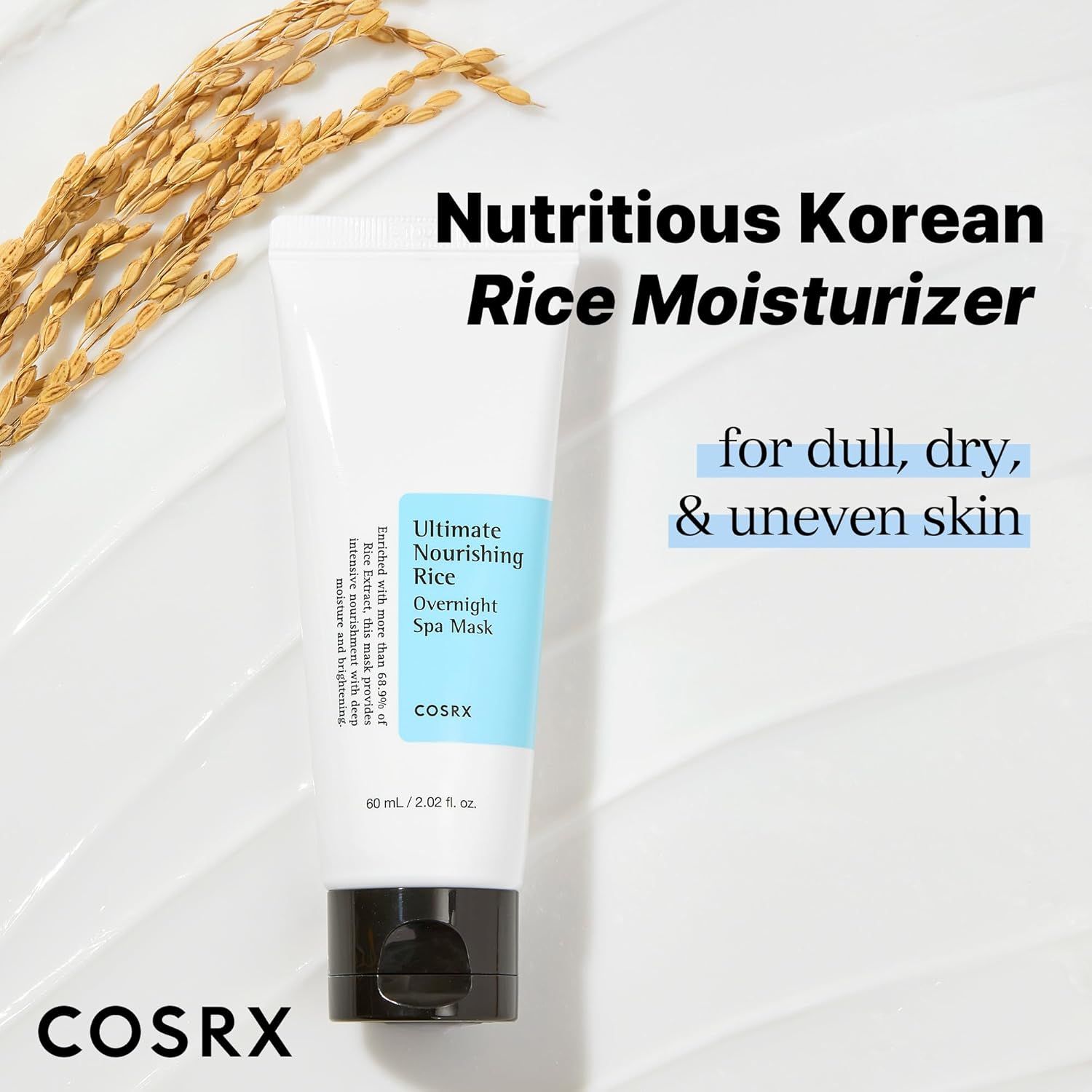 Tubo bianco con tappo nero. Scritta blu: Ultimate Nourishing Rice Overnight Spa Mask. Marchio COSRX. Spighe di riso.