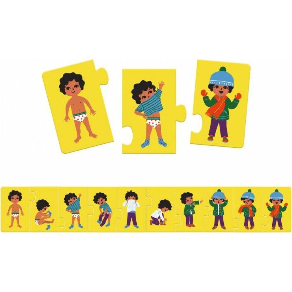 Pezi di puzzle gialli con figure in diversi stili di abbigliamento. Pezzi singoli e una fila.