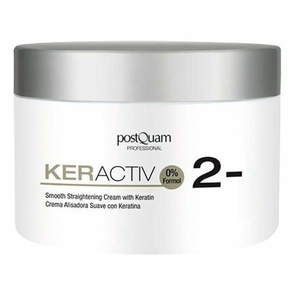 Vaso bianco con coperchio argentato. Scritta: KERACTIV, 0% Formal, 2-. Testo: Smooth straightening cream with Keratin.