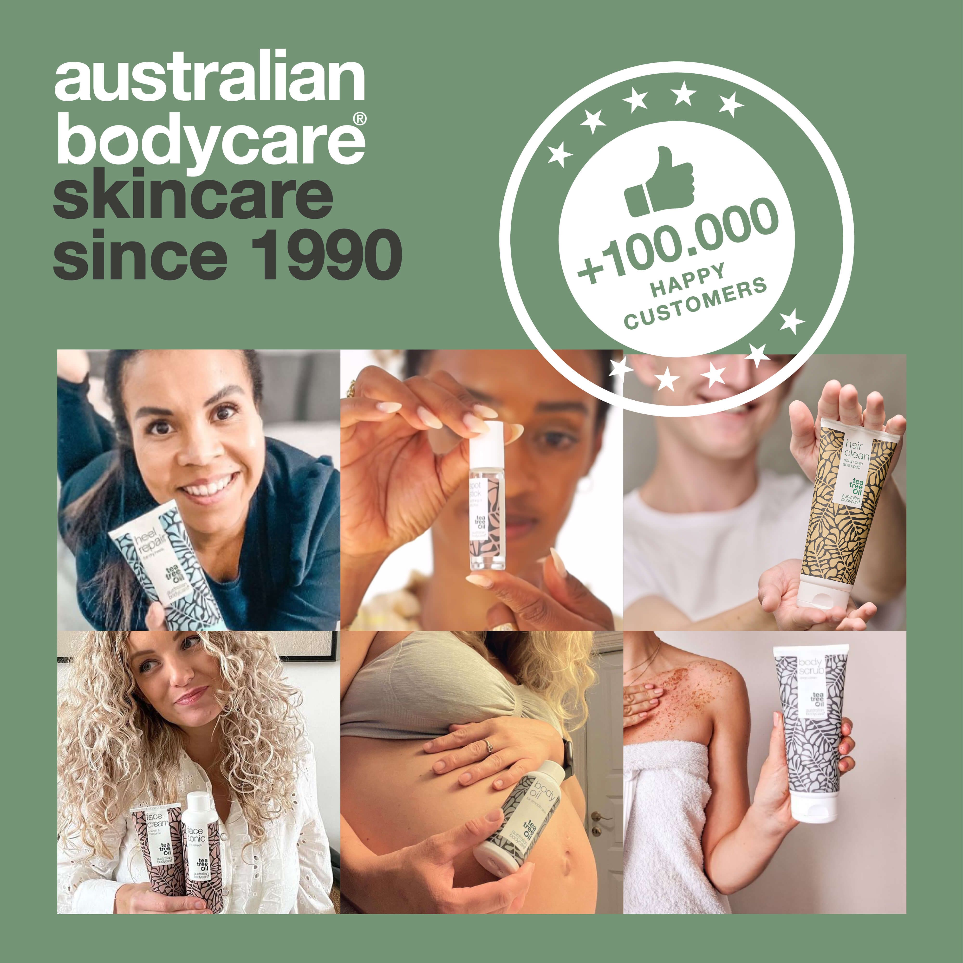 Collage di persone e prodotti. Testo: Australian Bodycare Skincare dal 1990. +100.000 clienti soddisfatti.