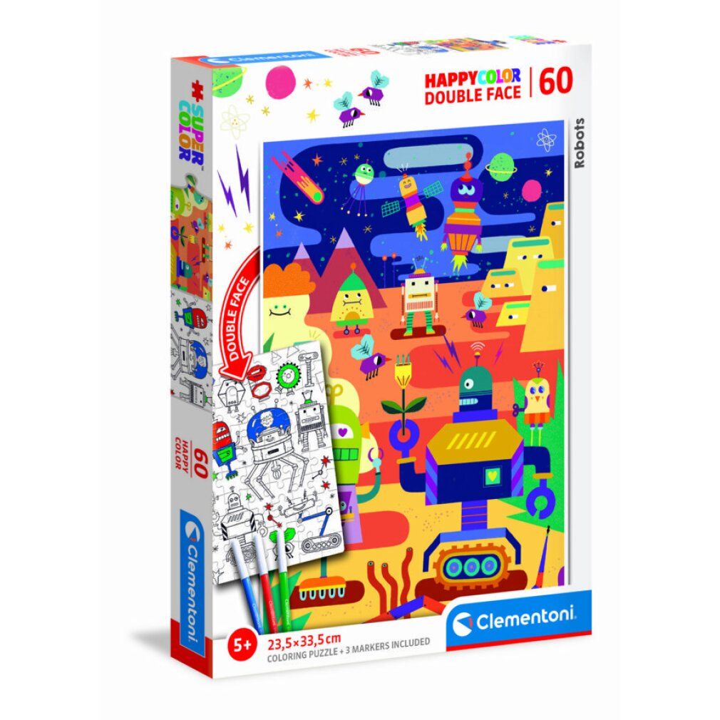 Scatola puzzle Clementoni. Happy Color Double Face, 60 pezzi. Illustrazione di robot. Include un'immagine da colorare e 3 pennarelli. Dai 5 anni.