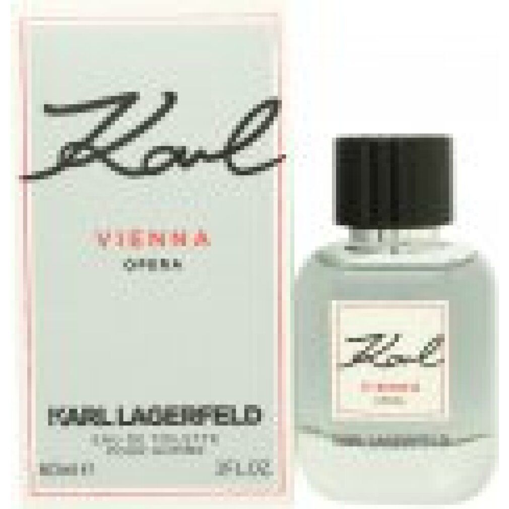 Flacone e confezione. Flacone con tappo nero ed etichetta rossa. Confezione con Karl Vienna Opera e Karl Lagerfeld.