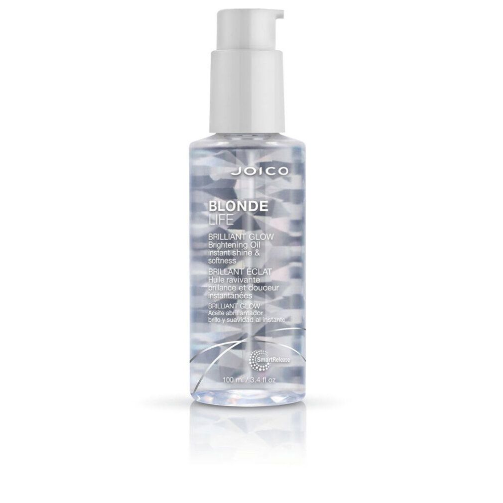 Olio per capelli in bottiglia con dosatore a pompa. Scritta: Blonde Life, Brilliant Glow. Vista del prodotto.