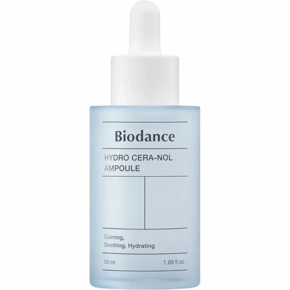 Flacone blu trasparente con tappo e pipetta bianchi. Scritta: Biodance, HYDRO CERA-NOL, AMPULE. Testo: Calming, Soothing, Hydrating. 50 ml, 1.69 fl.oz.