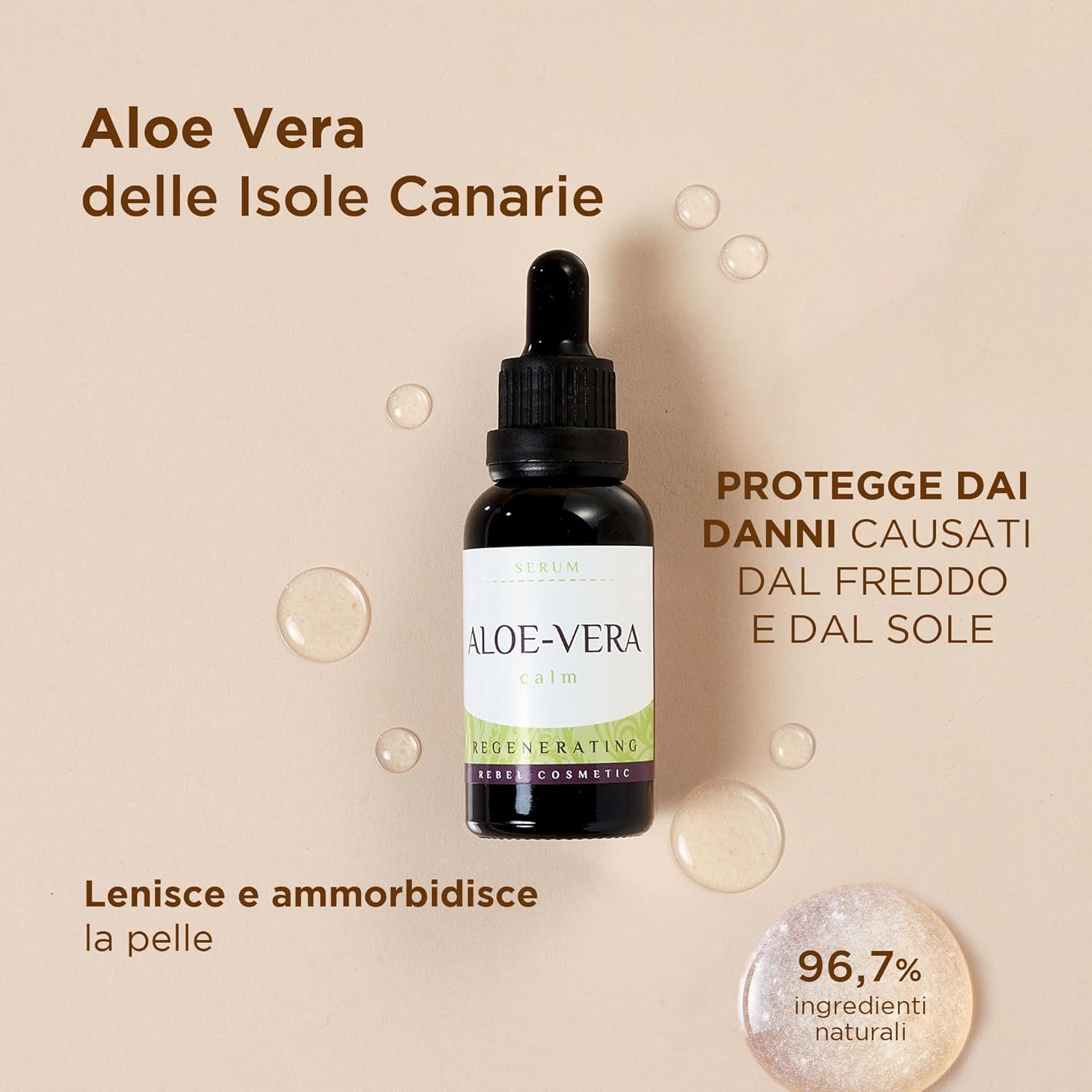 Flacone di siero con Aloe Vera. Testo: Aloe Vera delle Isole Canarie. Protegge dal freddo e dal sole. 96,7% ingredienti naturali.