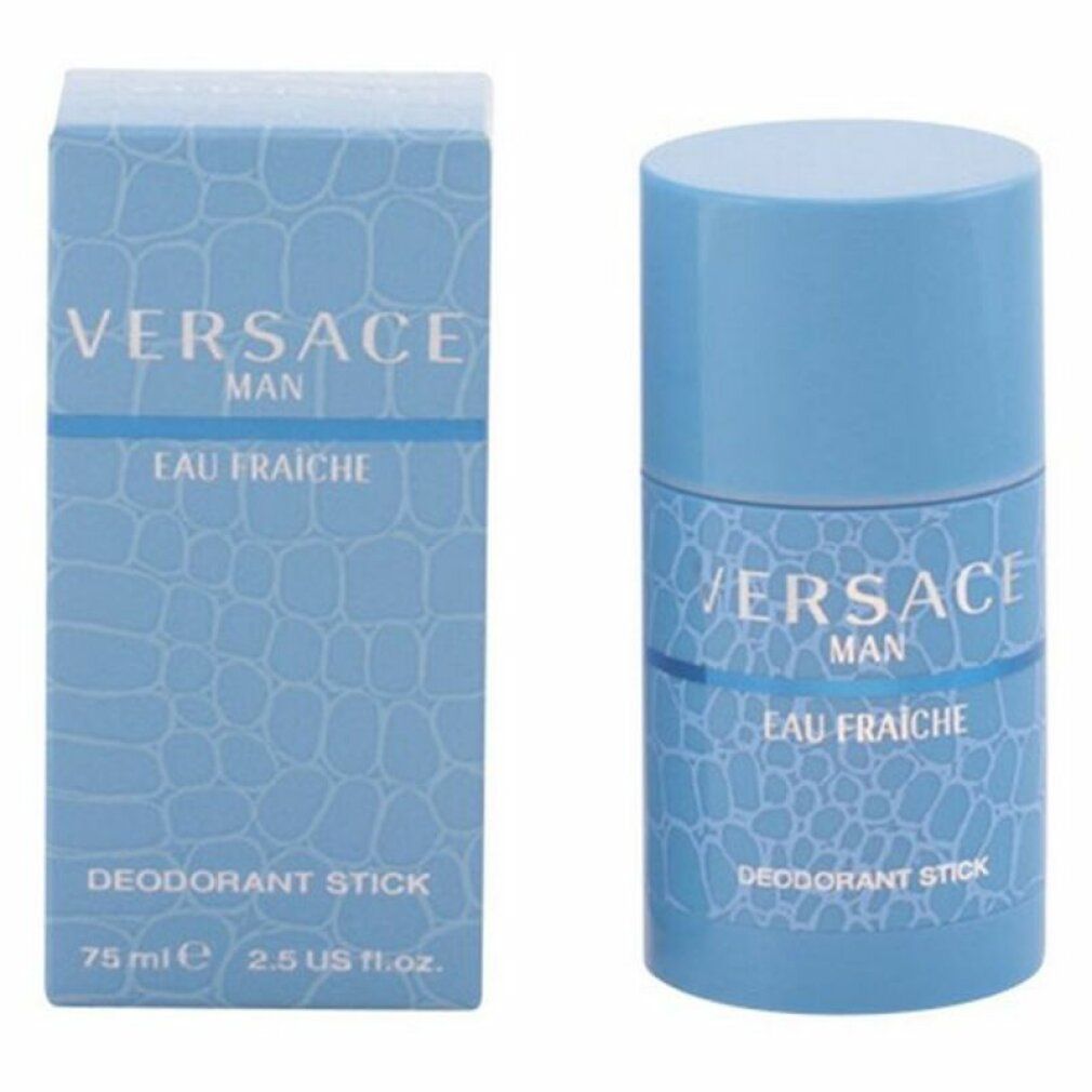 Stick e scatola deodorante azzurro. Scritta: VERSACE MAN EAU FRAICHE DEODORANT STICK. 75 ml.