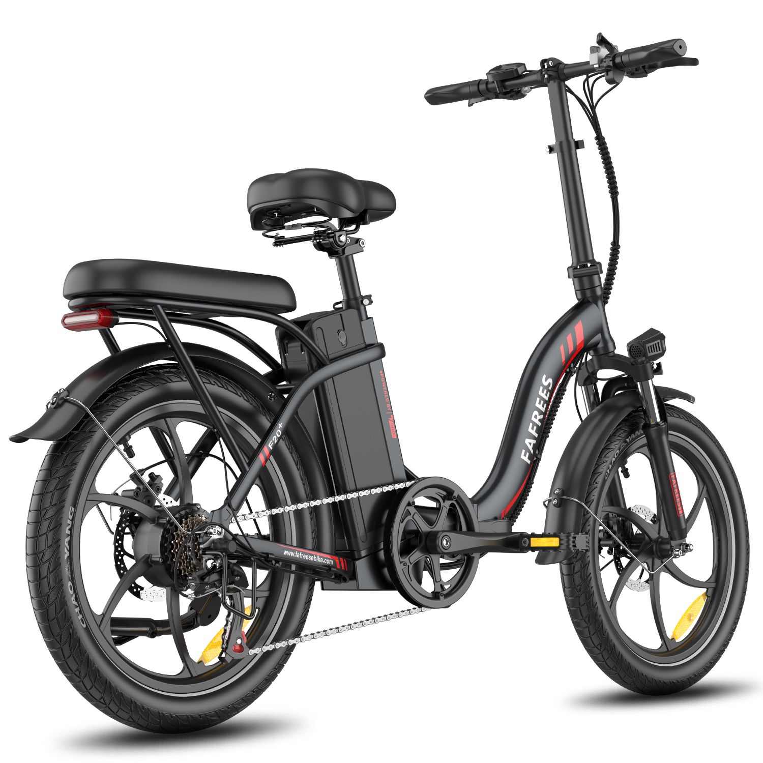 E-bike pieghevole Fafrees F20+ nera. Visibili: sella, portapacchi, batteria, parafanghi, cerchi con linea rossa.