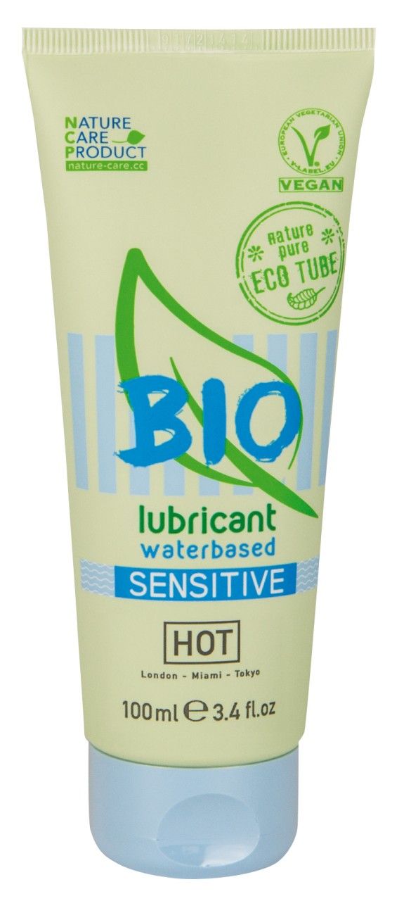 Lubrificante BIO Sensitive, a base d'acqua, tubo da 100ml. Motivi a foglia e onde.