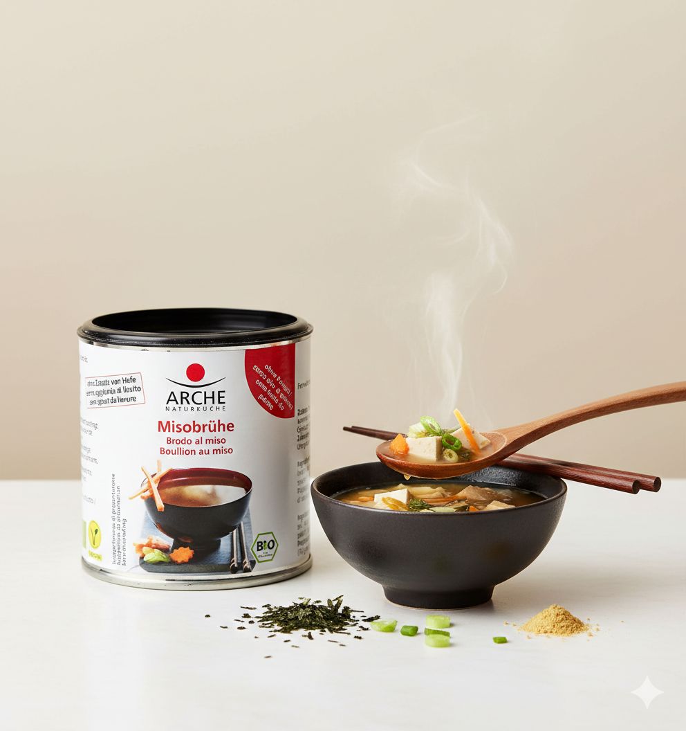 Lattina di brodo miso Arche con una ciotola di zuppa miso, un cucchiaio, bacchette e ingredienti secchi. Il brodo cola da un cucchiaio di legno.