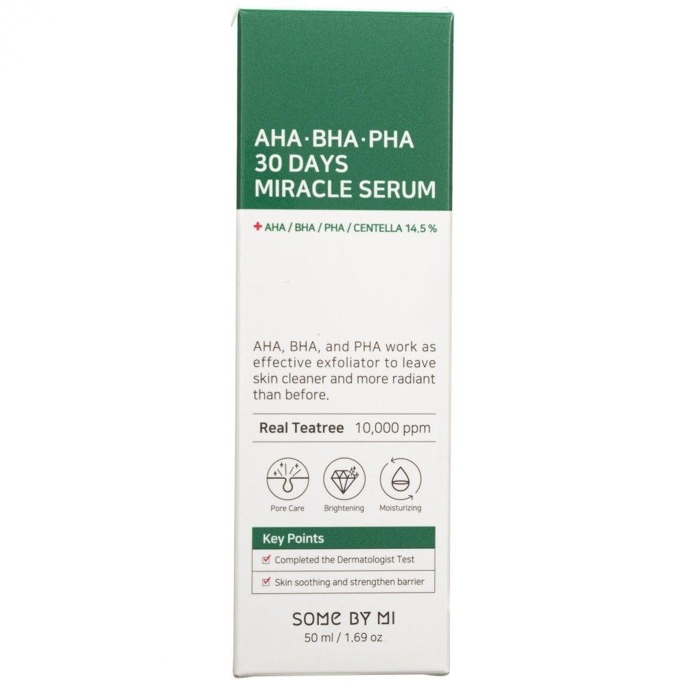 Confezione del siero Miracle 30 giorni AHA-BHA-PHA di SOMEBYMI con informazioni sul prodotto e icone.