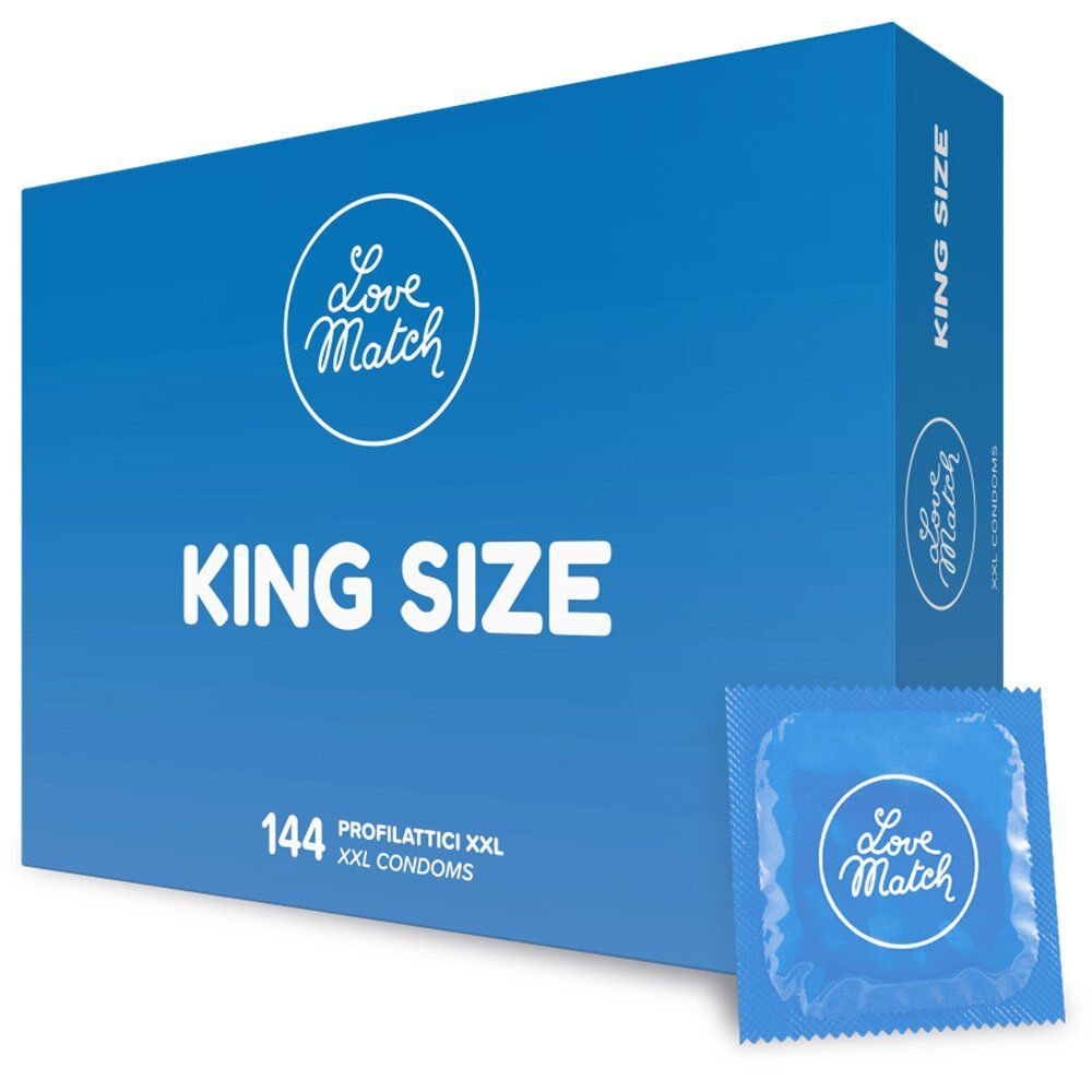 Scatola blu KING SIZE con logo Love Match e 144 profilattici. Confezione singola accanto.