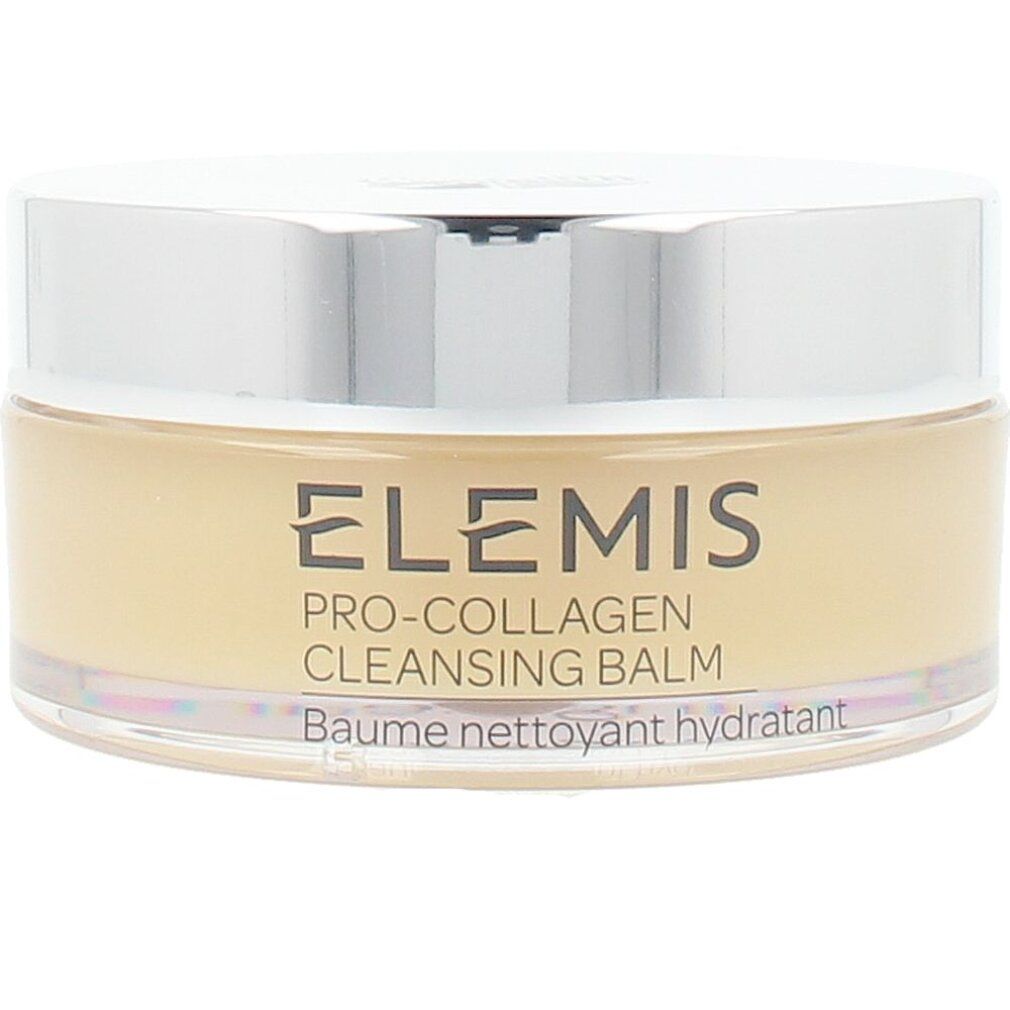 Vasetto di balsamo. Scritta: Elemis Pro-Collagen Cleansing Balm. Coperchio argentato, barattolo di vetro. Crema giallastra visibile.