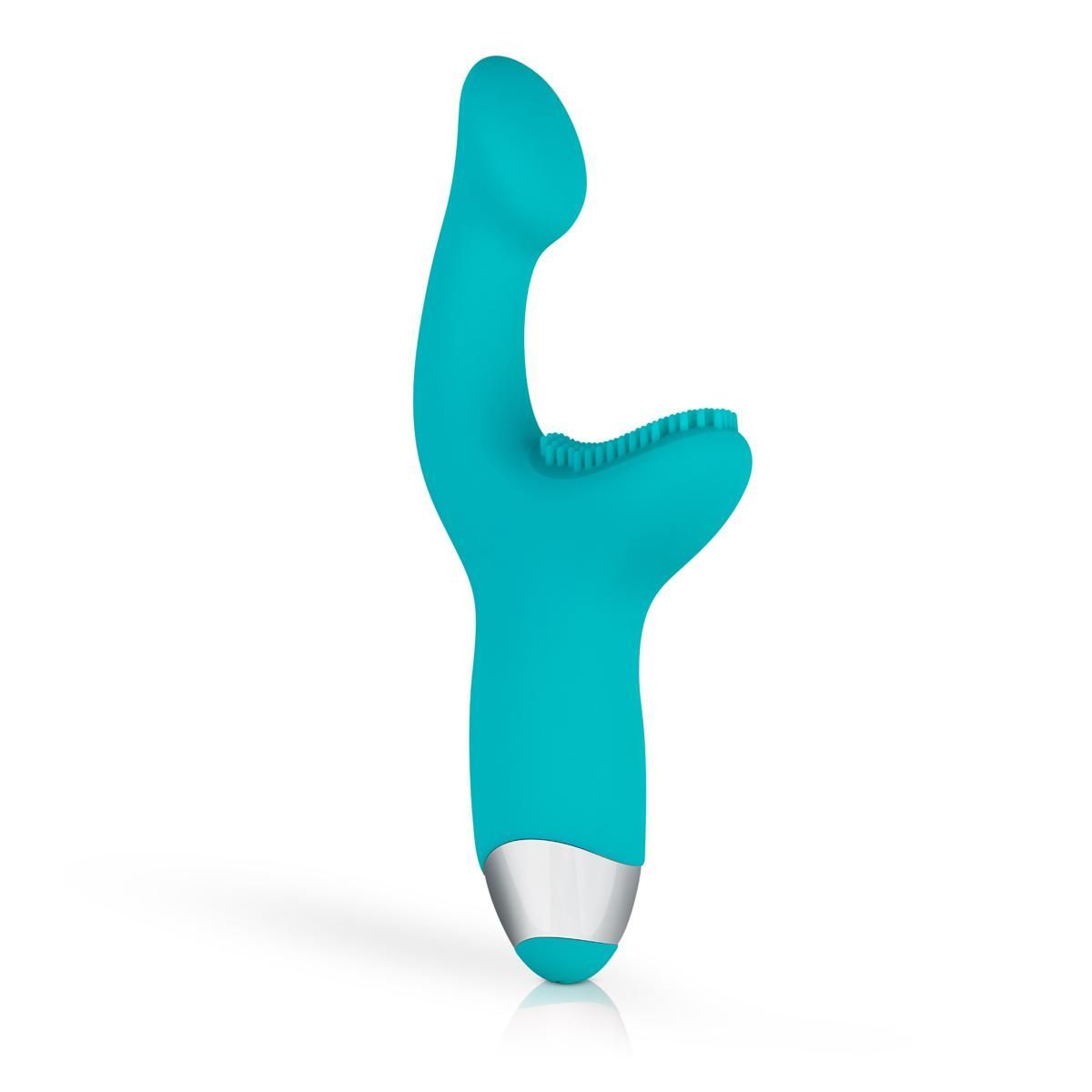 Vibratore turchese dalla forma curva, con estremità argentata. La testa presenta una superficie strutturata.