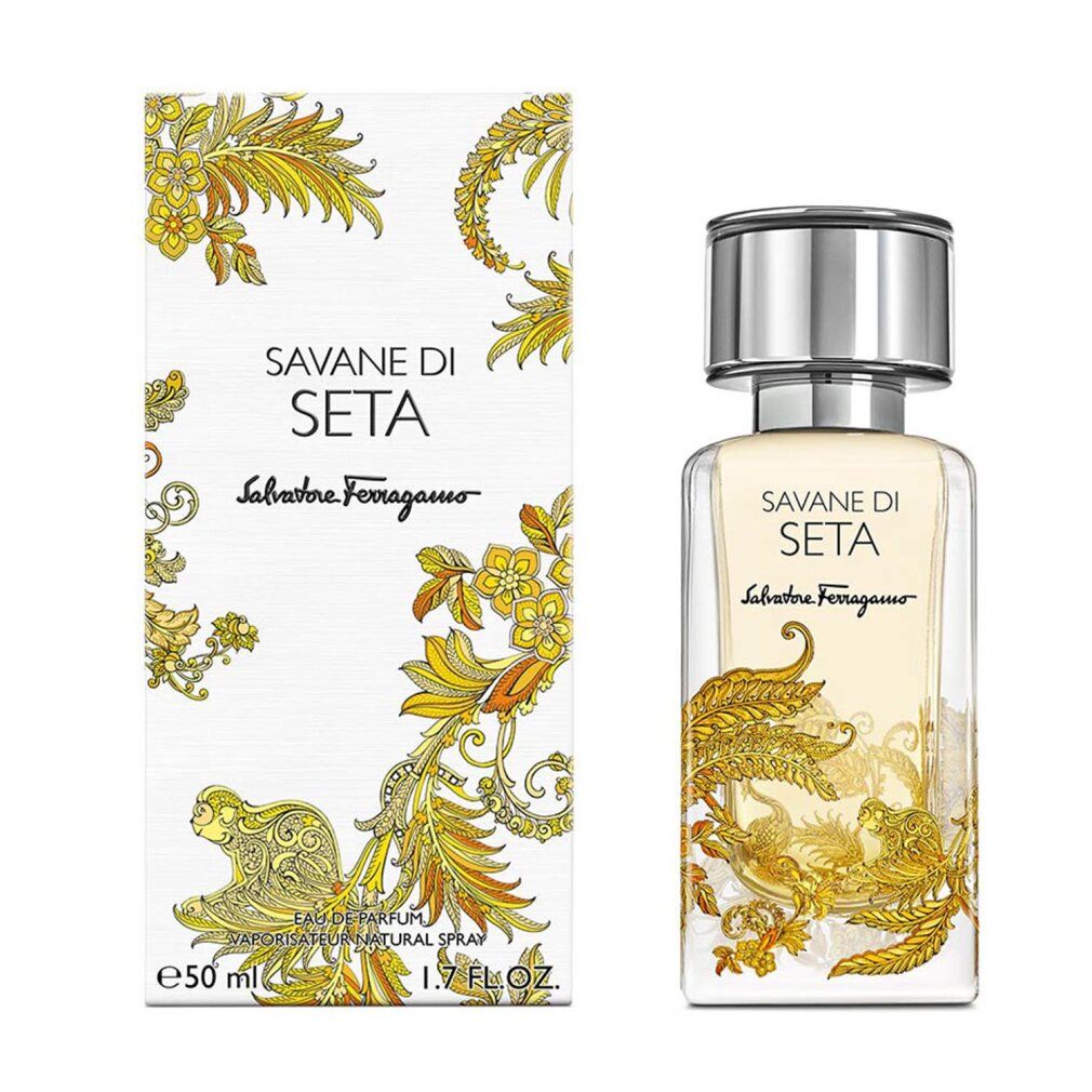 Flacone di profumo e confezione. Scritta: Savane Di Seta, Salvatore Ferragamo. Decorazioni dorate su sfondo bianco.