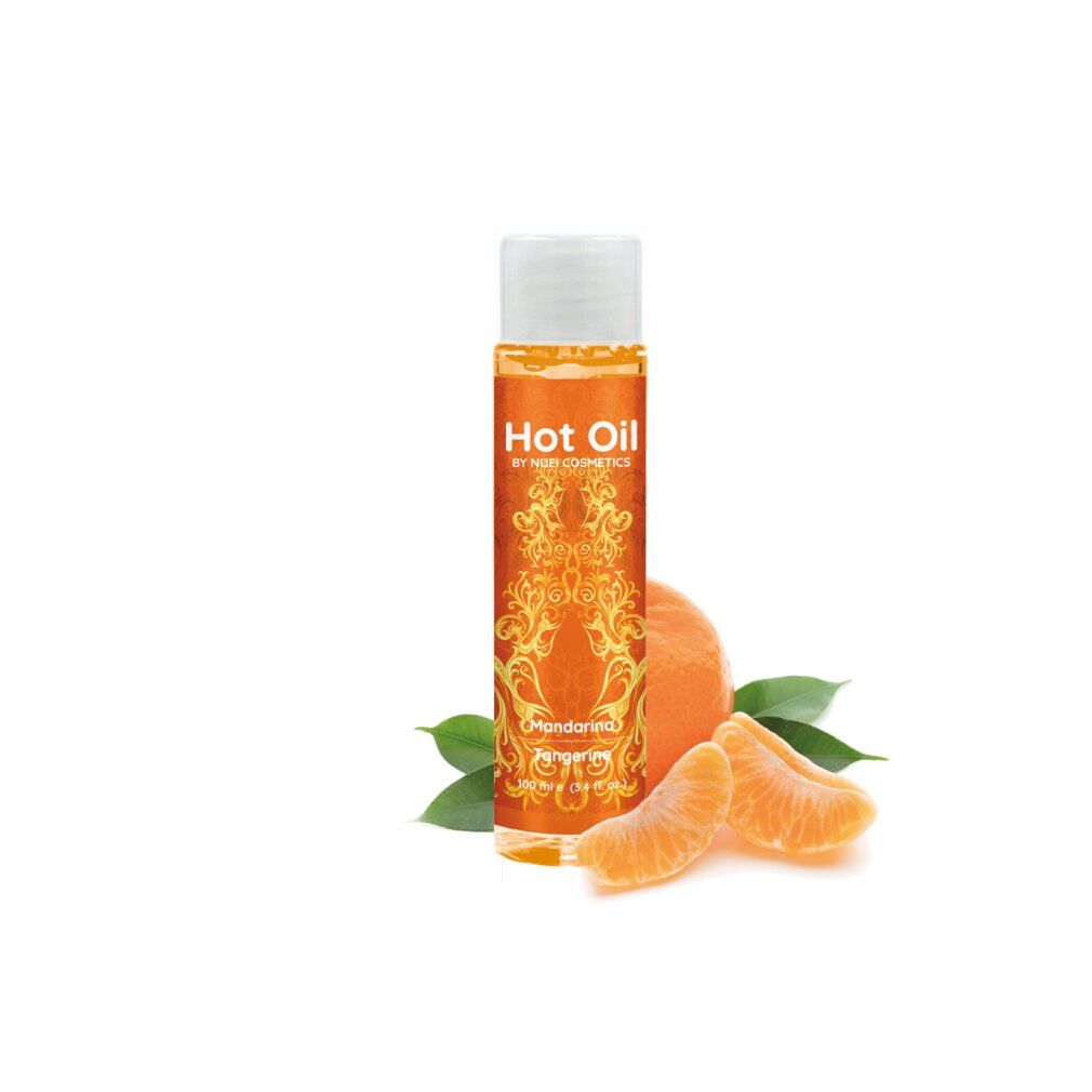 Flacone arancione con tappo bianco, mandarini e foglie. Scritta "Hot Oil" e "Mandarina/Tangerine".