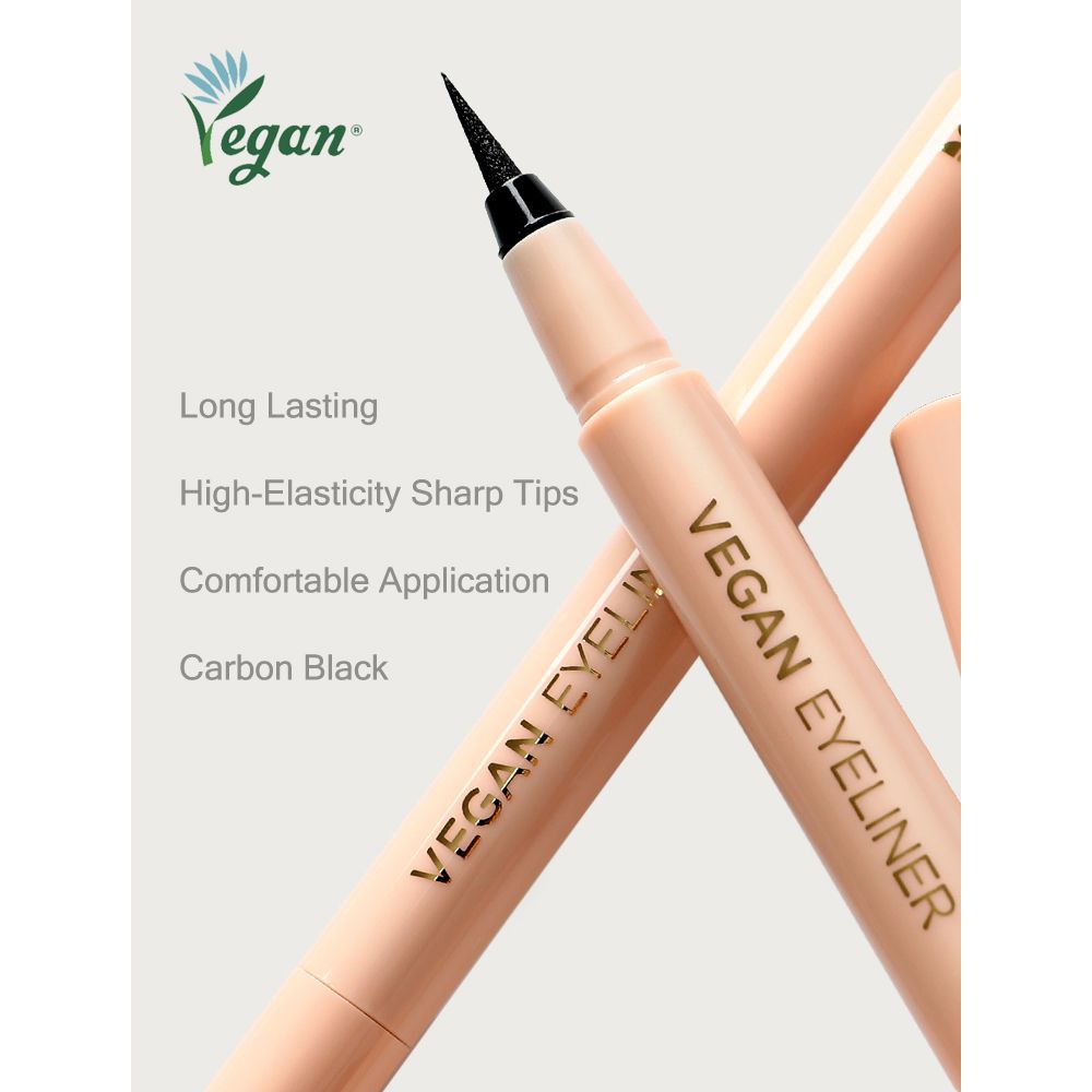 Due eyeliner vegani color pesca. Testo: Vegan, Long Lasting, High-Elasticity Sharp Tips, Comfortable Application, Carbon Black.