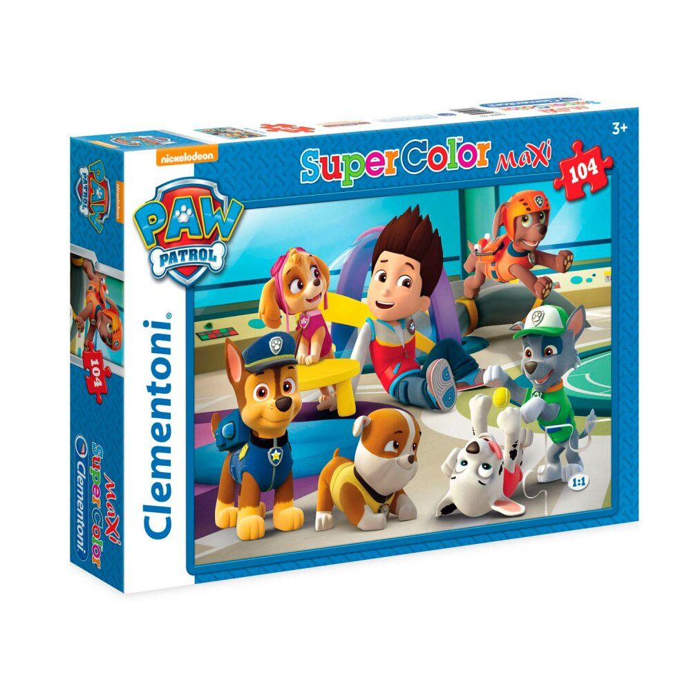 Scatola puzzle Paw Patrol. Scritta: Super Color Maxi, 104 pezzi. Logo Clementoni. Per bambini dai 3 anni in su.