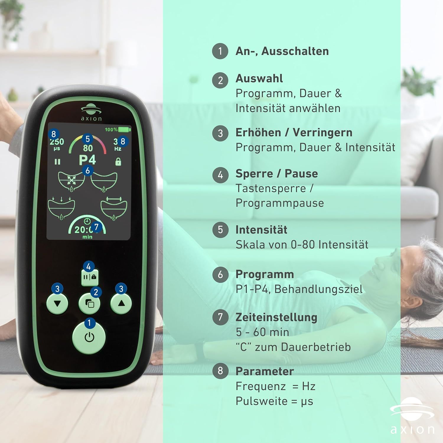 Dispositivo per pavimento pelvico axion® I-3000 con display e pulsanti. Testo con funzioni. Donna su tappetino.