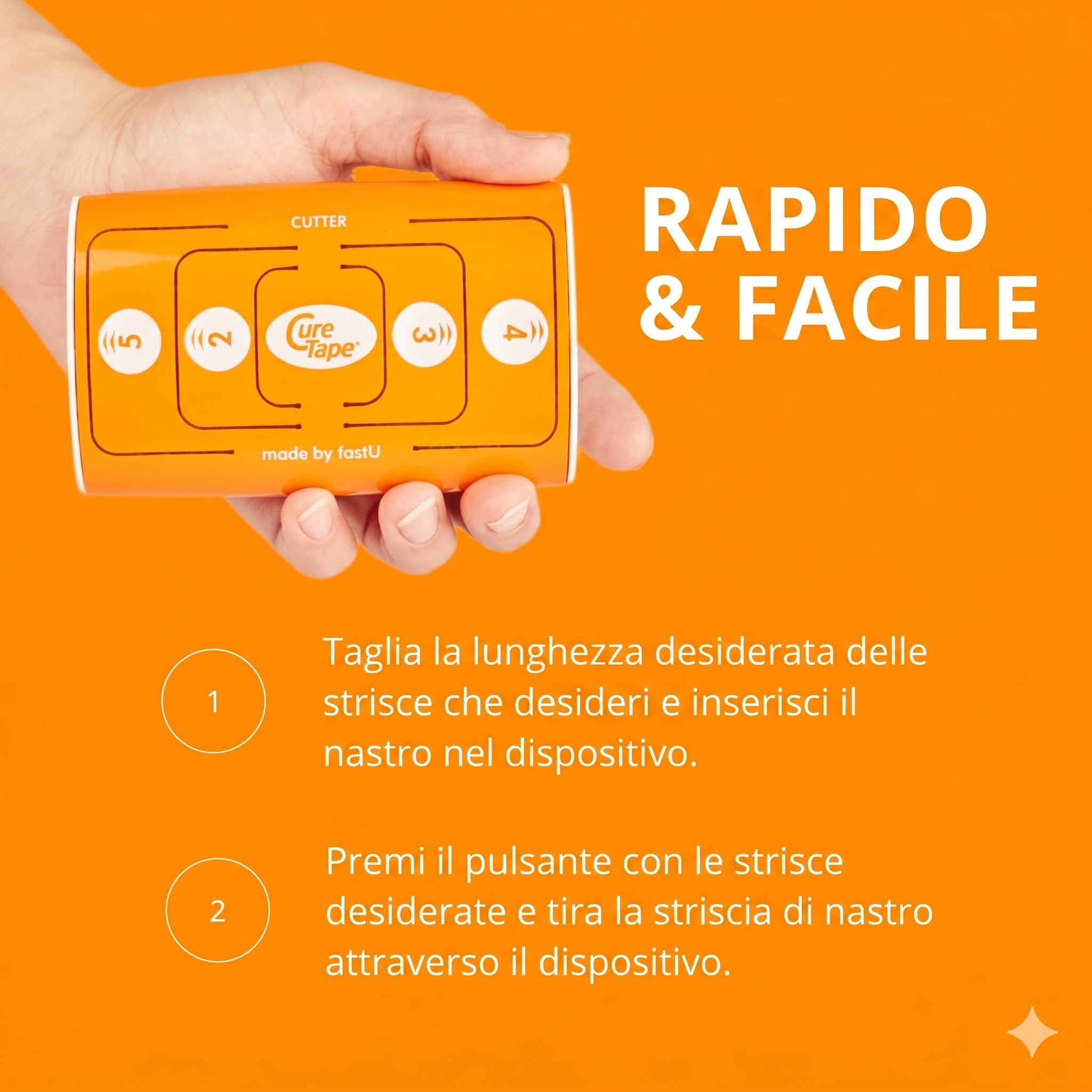 Mano che tiene il taglierina CureTape Kinesiotape arancione. "RAPIDO & FACILE" e passaggi di istruzioni 1 & 2.