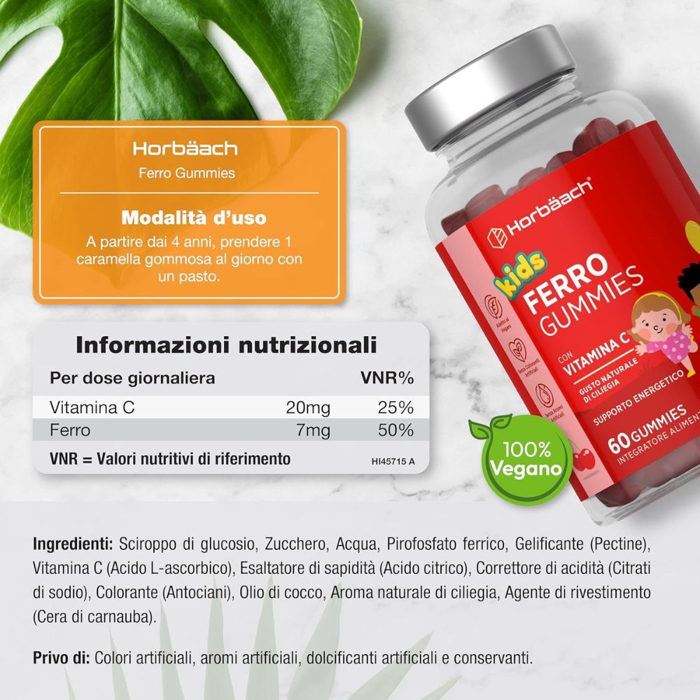 Etichetta con informazioni nutrizionali e ingredienti. Flacone "kids Ferro Gummies". 60 caramelle.
