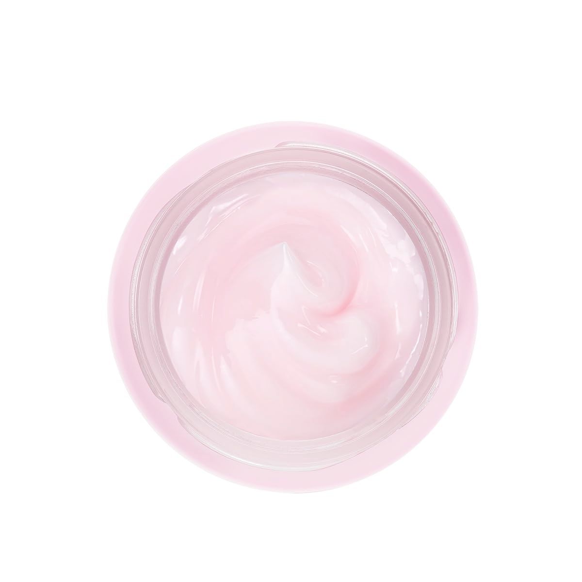 Vista dall'alto di un vasetto rosa con crema. Superficie della crema con motivo a spirale.