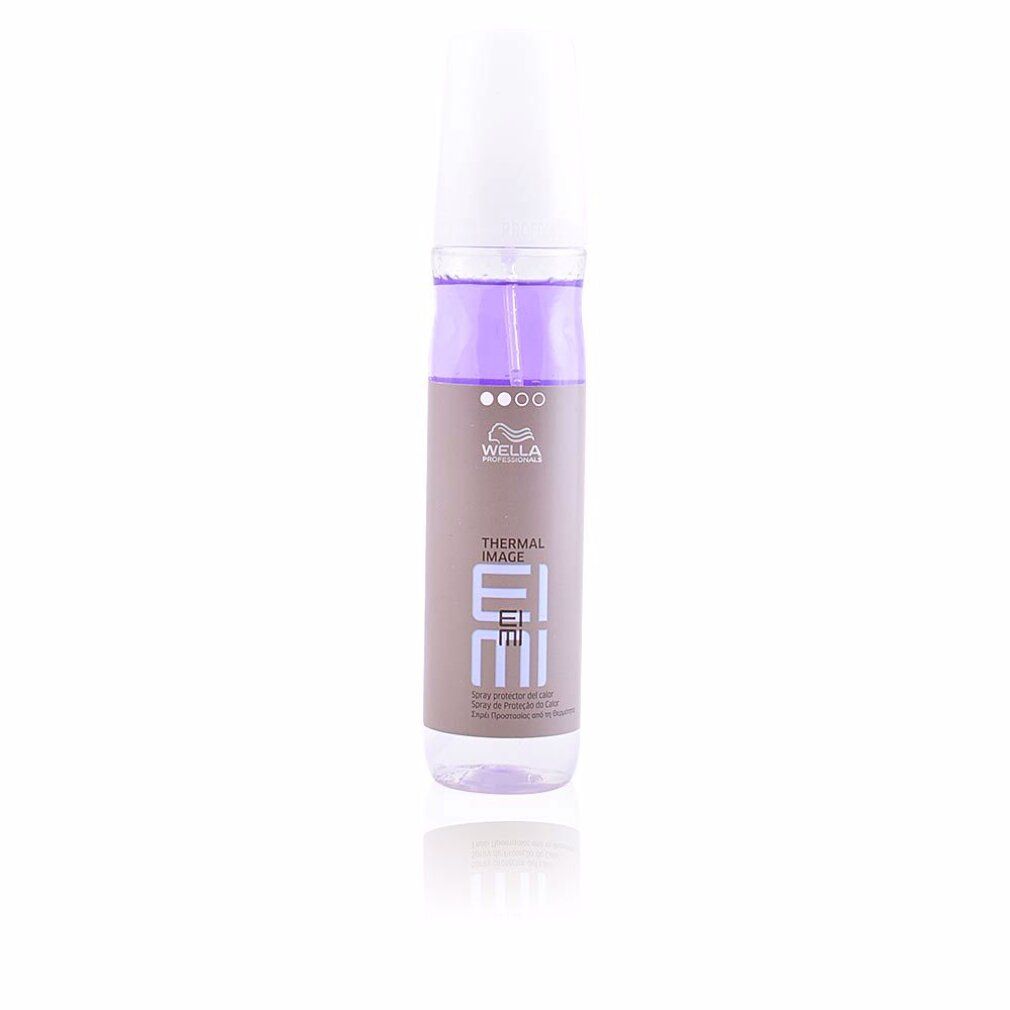 Flacone spray per capelli con tappo bianco e liquido viola. Scritta: Wella Eimi Thermal Image.