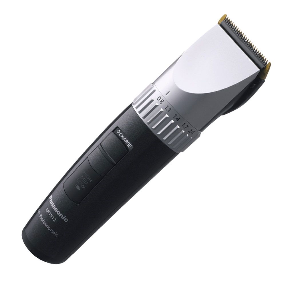 Tosatrice nera e argento. Manopola per la regolazione della lunghezza. Marca: Panasonic ER1512.