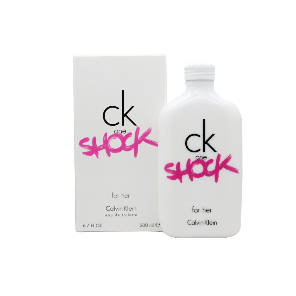 Flacone e confezione di profumo bianchi. Scritta: ck one Shock for her. Scrittura rosa.