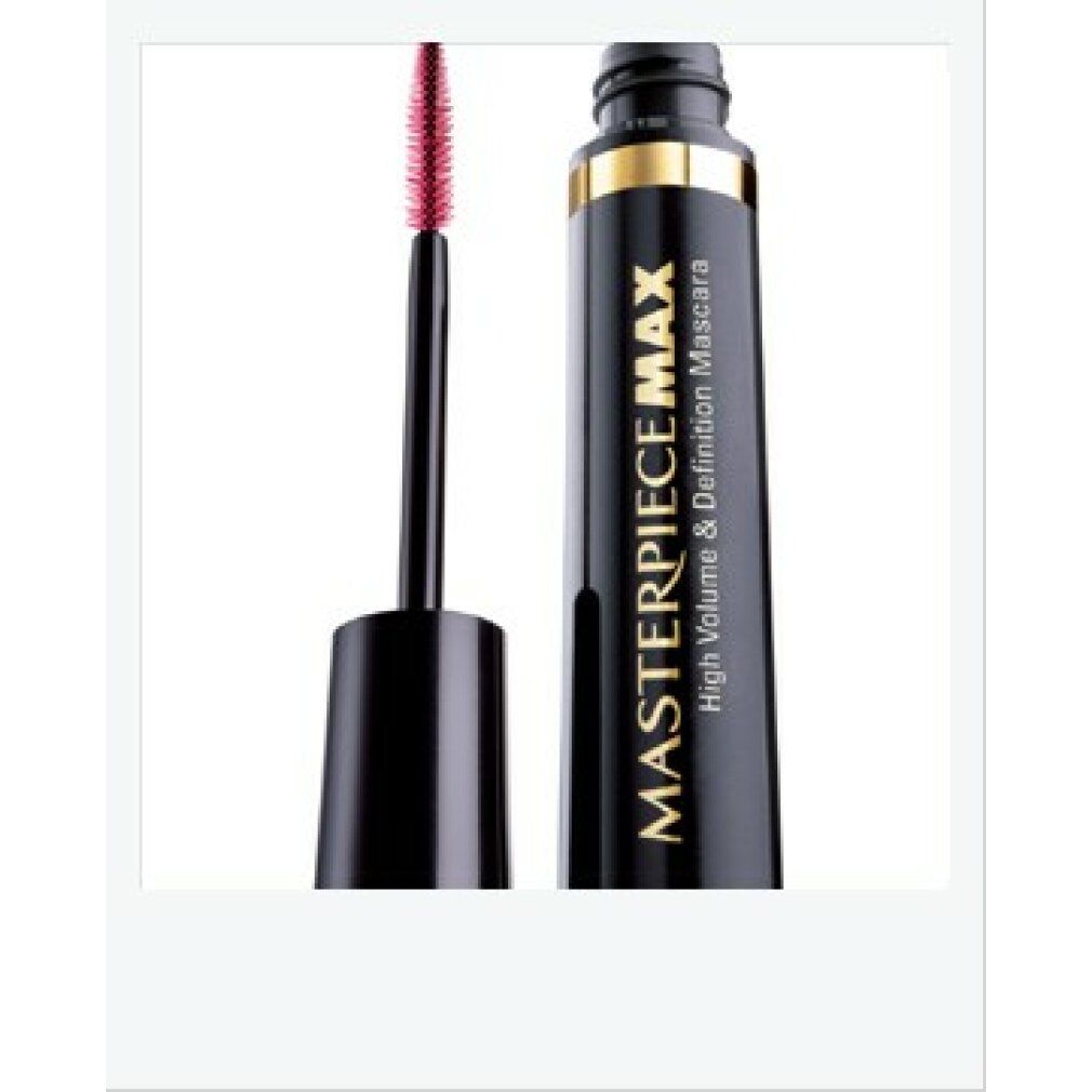 Mascara nero con applicatore aperto. Scritta: Max Factor Masterpiece Max High Volume & Definition Mascara.