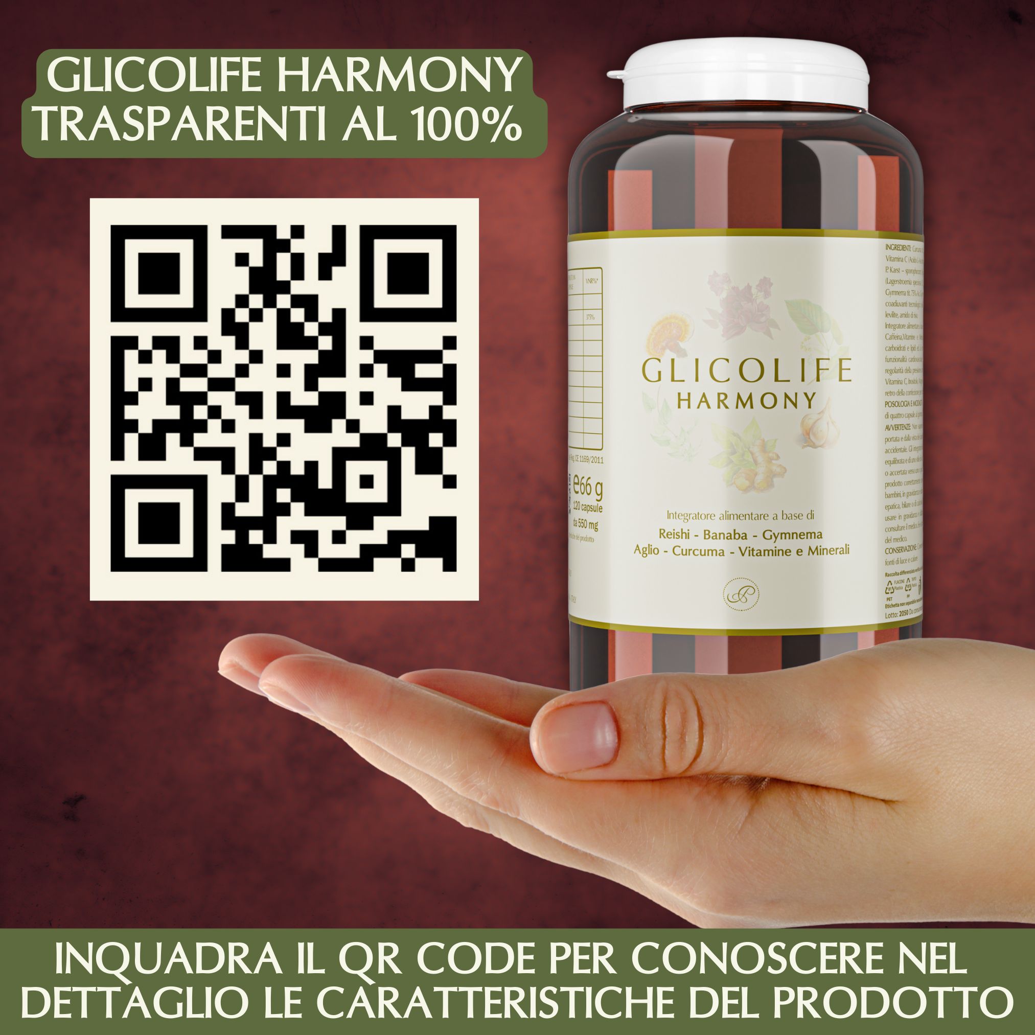 Flacone del prodotto con codice QR. Testo: Inquadra il codice QR per conoscere i dettagli del prodotto.