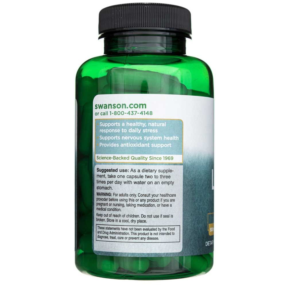 Retro di un flacone verde di capsule di L-Lisina, con istruzioni per l'uso e avvertenze.