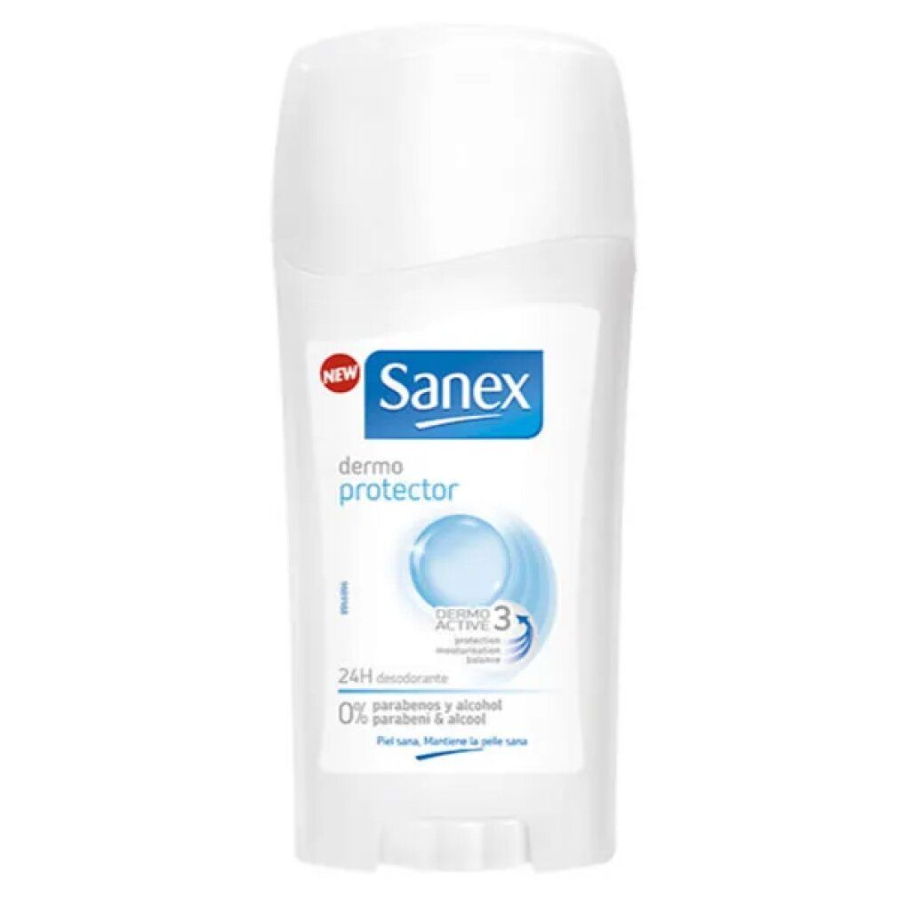 Stick deodorante Sanex Dermo Protector. Stick bianco con logo e testo blu. Contiene 0% parabeni e alcol.