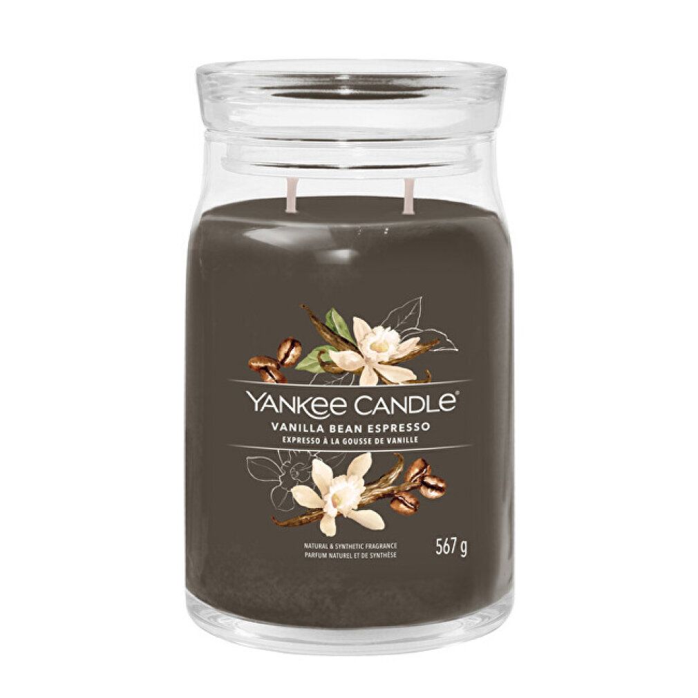 Candela in barattolo di vetro con coperchio. Scritta: Yankee Candle, Vanilla Bean Espresso, 567 g. Illustrazione di fiori e chicchi di caffè.