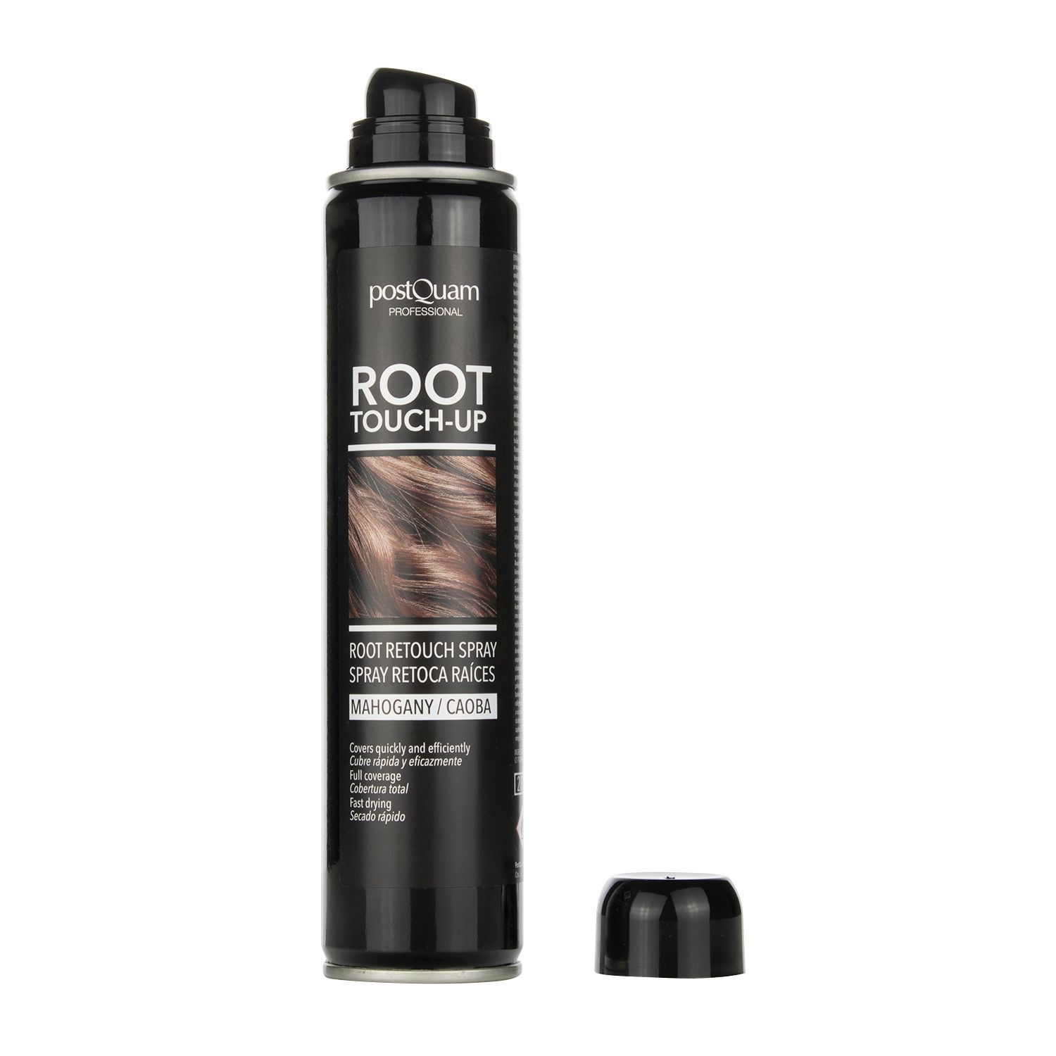 Flacone spray nero "Postquam Root Touch-Up Mahagoni" con tappo rimosso. Etichetta con nome e colore.
