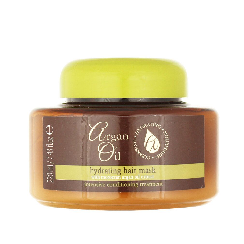 Maschera per capelli idratante all'olio di argan in barattolo marrone con coperchio verde. 220ml.