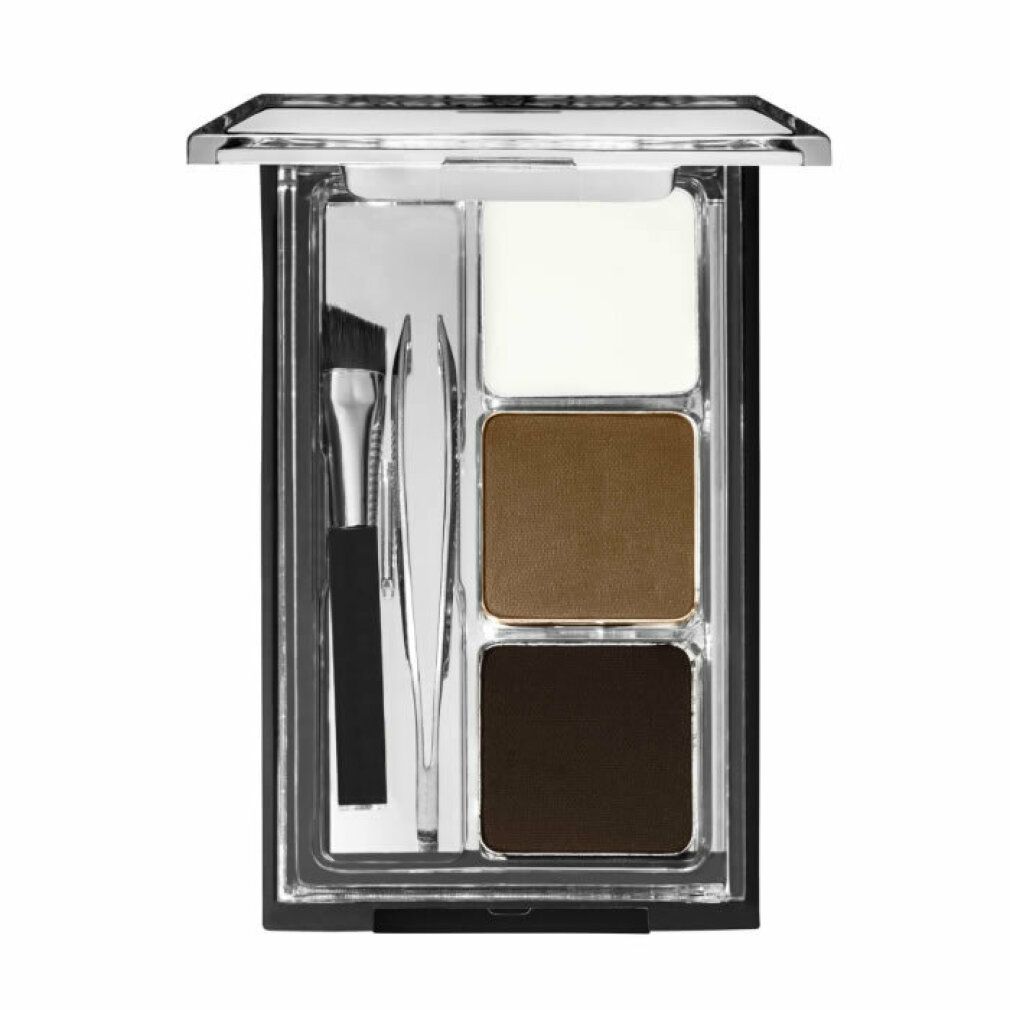 Kit sopracciglia Wet n Wild Ultimate Brow. Tre tonalità, pennello, pinzette e applicatore. Aperto.