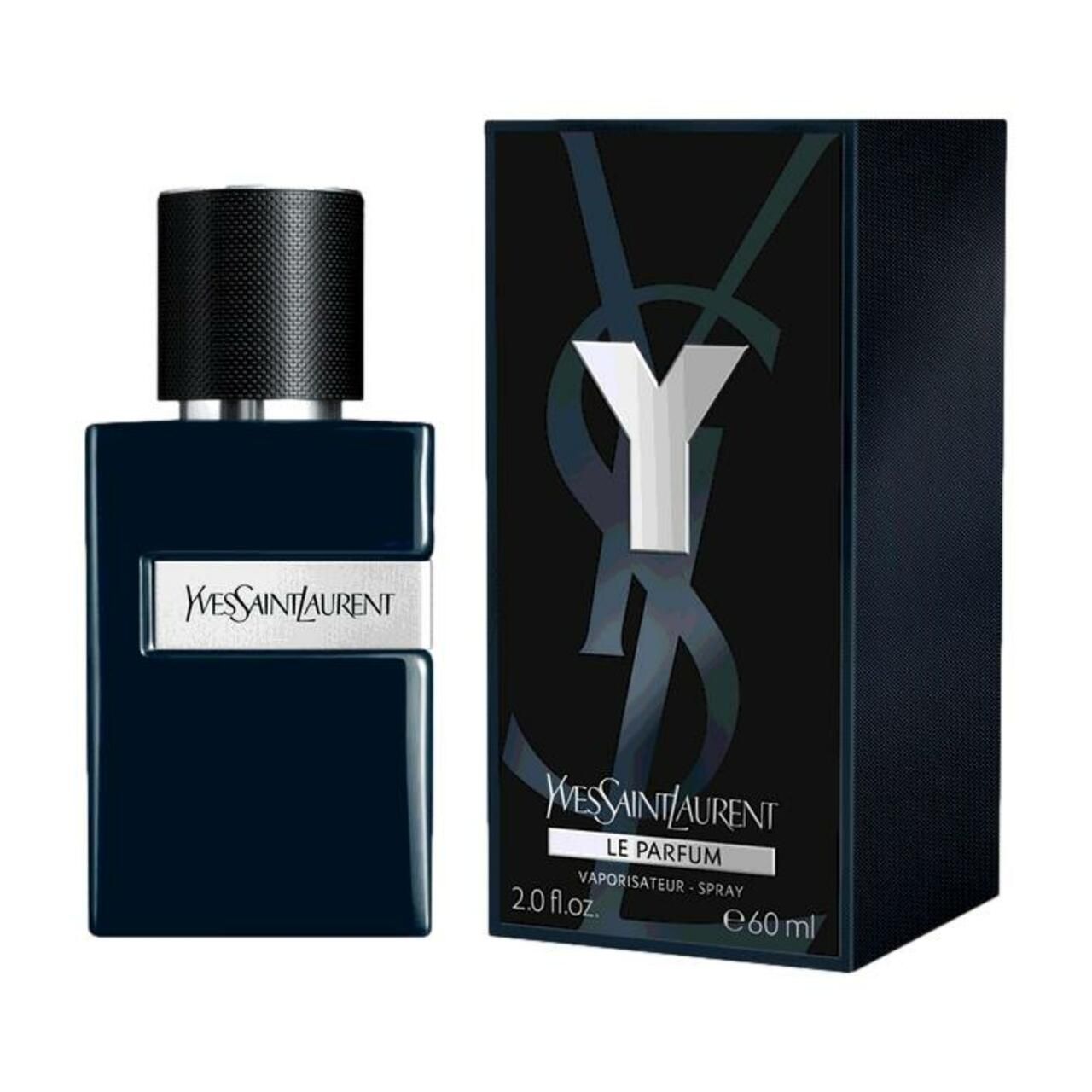 Flacone e scatola blu scuro. Dettagli argento. Tappo nero. Scritta: Yves Saint Laurent, Y Le Parfum, 60 ml.