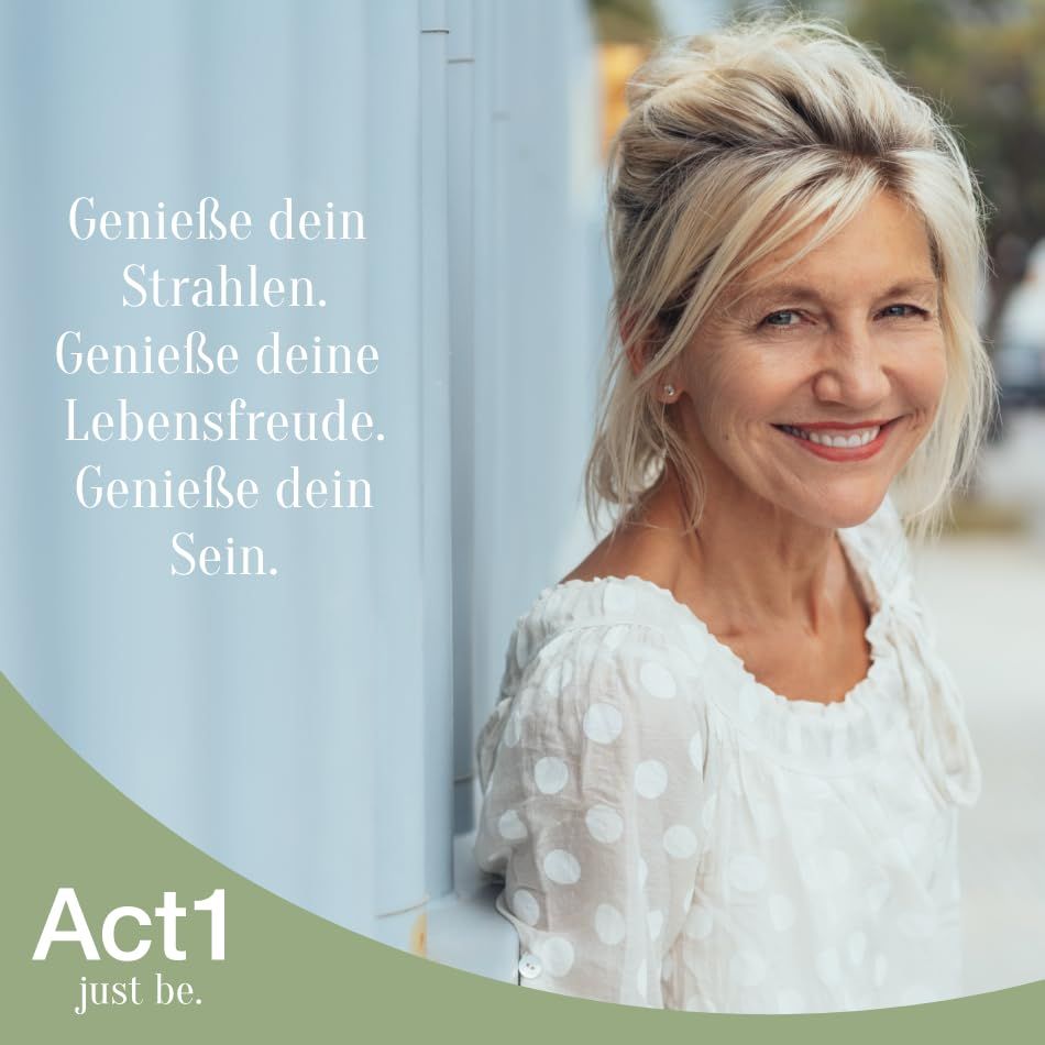 Donna sorridente. Testo: Goditi la tua radiosità, gioia di vivere, essere. Logo Act1.