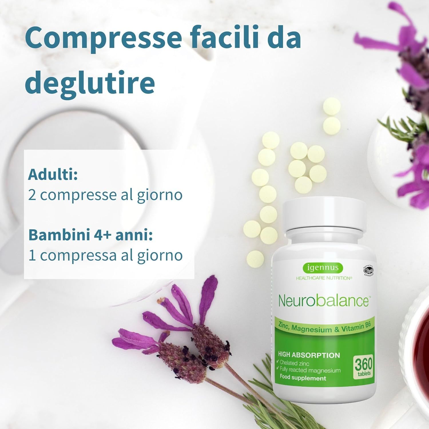 Piccole compresse in una ciotola vicino a una bottiglia di Igennus Neurobalance. Testo: Compresse facili da deglutire.